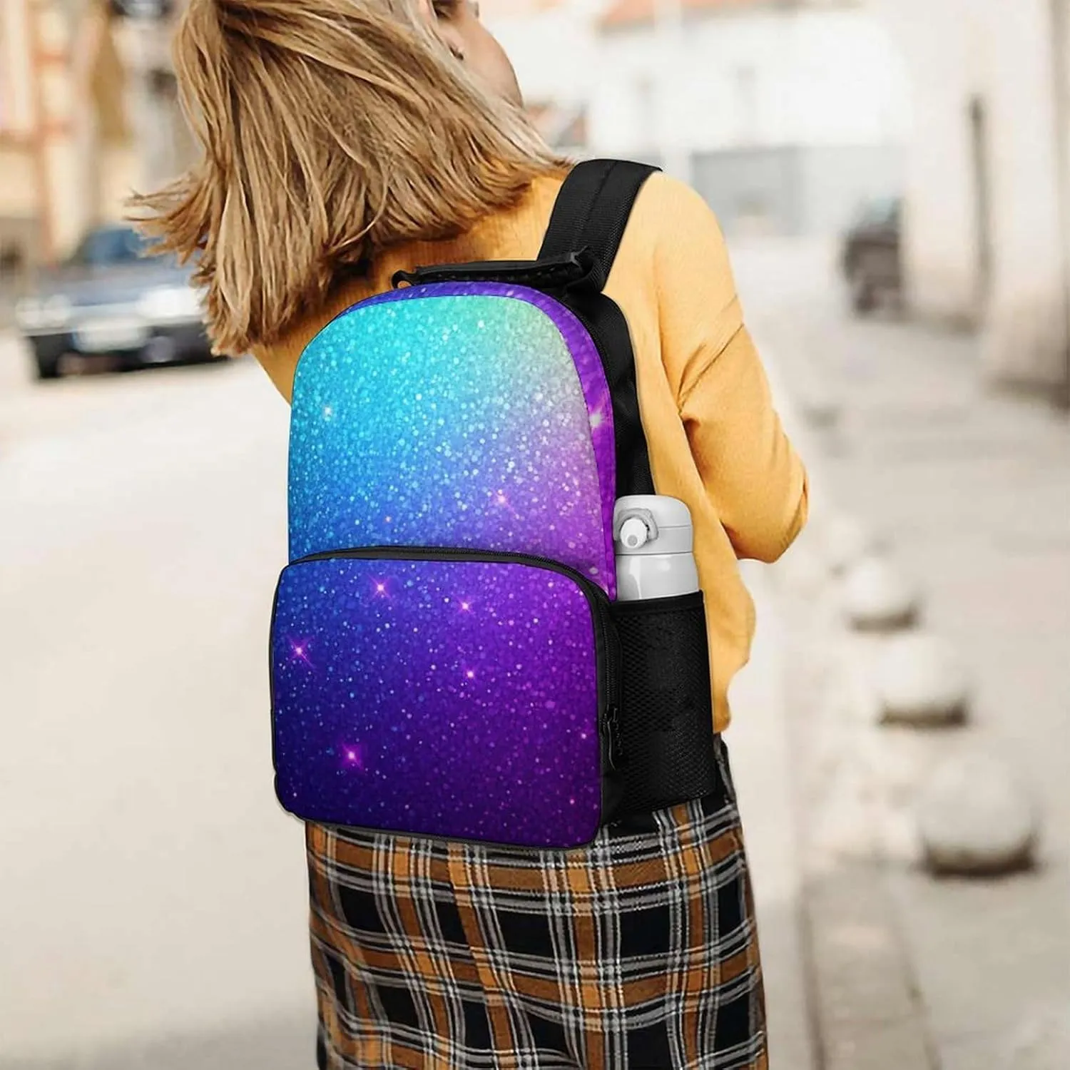 Supdreamc Women Men Polyester Beautiful Turquoise Bling Glitter Sparkles Pattern Casual Daypack Large Capacity Bookbag With Side Pockets for Sports Picnic Walking Cycling