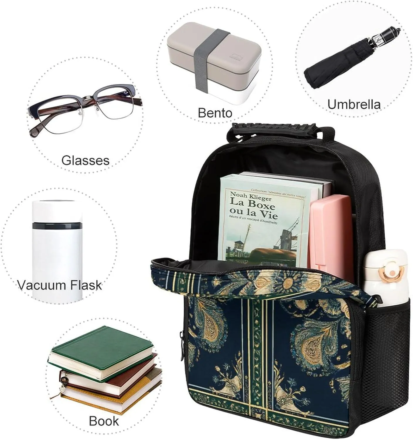 Supdreamc Women Men Polyester Boho Vintage Paisley Bandana Print Casual Daypack Large Capacity Bookbag With Side Pockets for Sports Picnic Walking Cycling