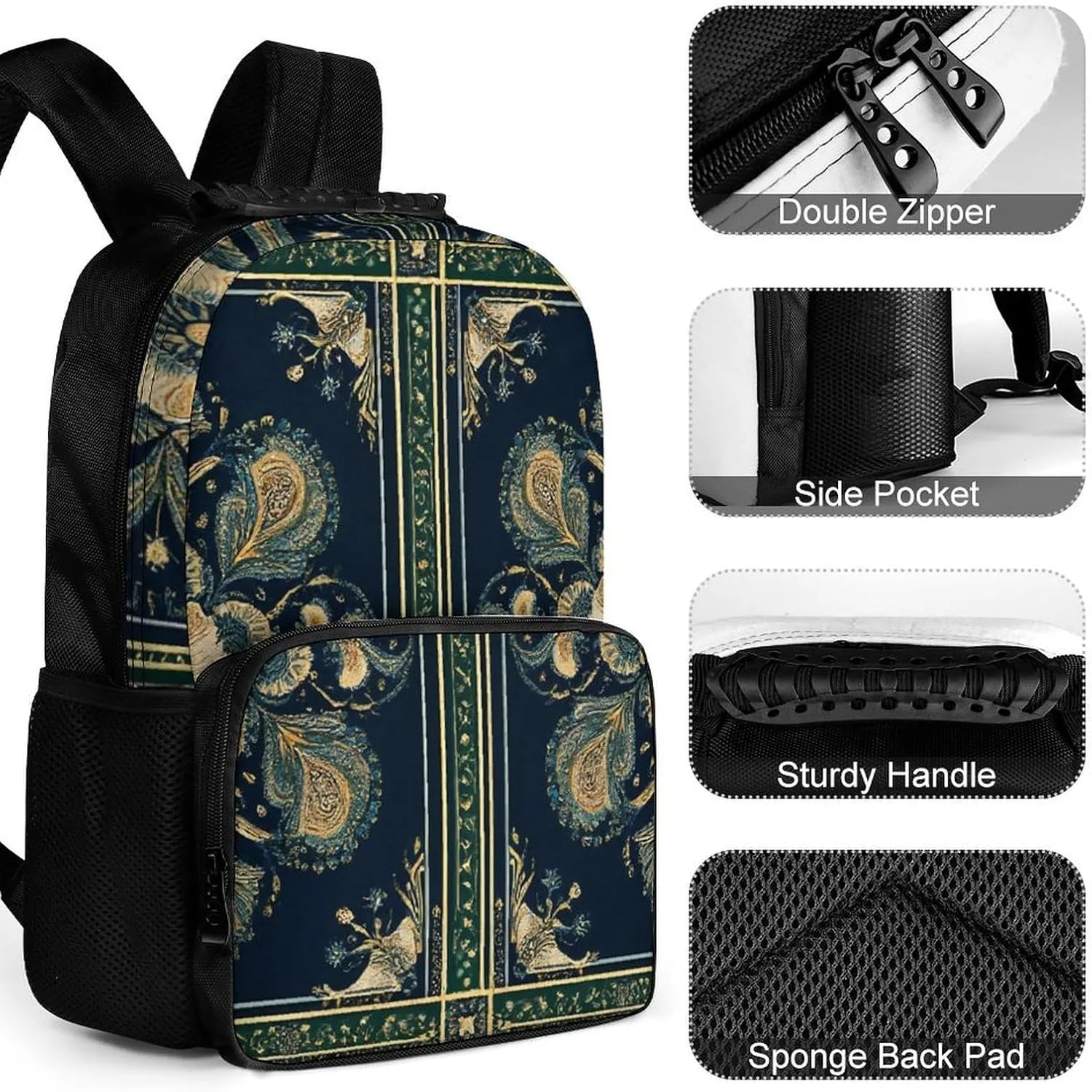 Supdreamc Women Men Polyester Boho Vintage Paisley Bandana Print Casual Daypack Large Capacity Bookbag With Side Pockets for Sports Picnic Walking Cycling