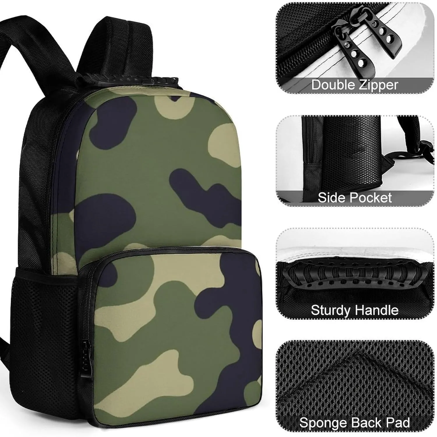 Supdreamc Women Men Polyester Green Camo Army Camouflage 3D Print Casual Daypack Large Capacity Bookbag With Side Pockets for Sports Picnic Walking Cycling