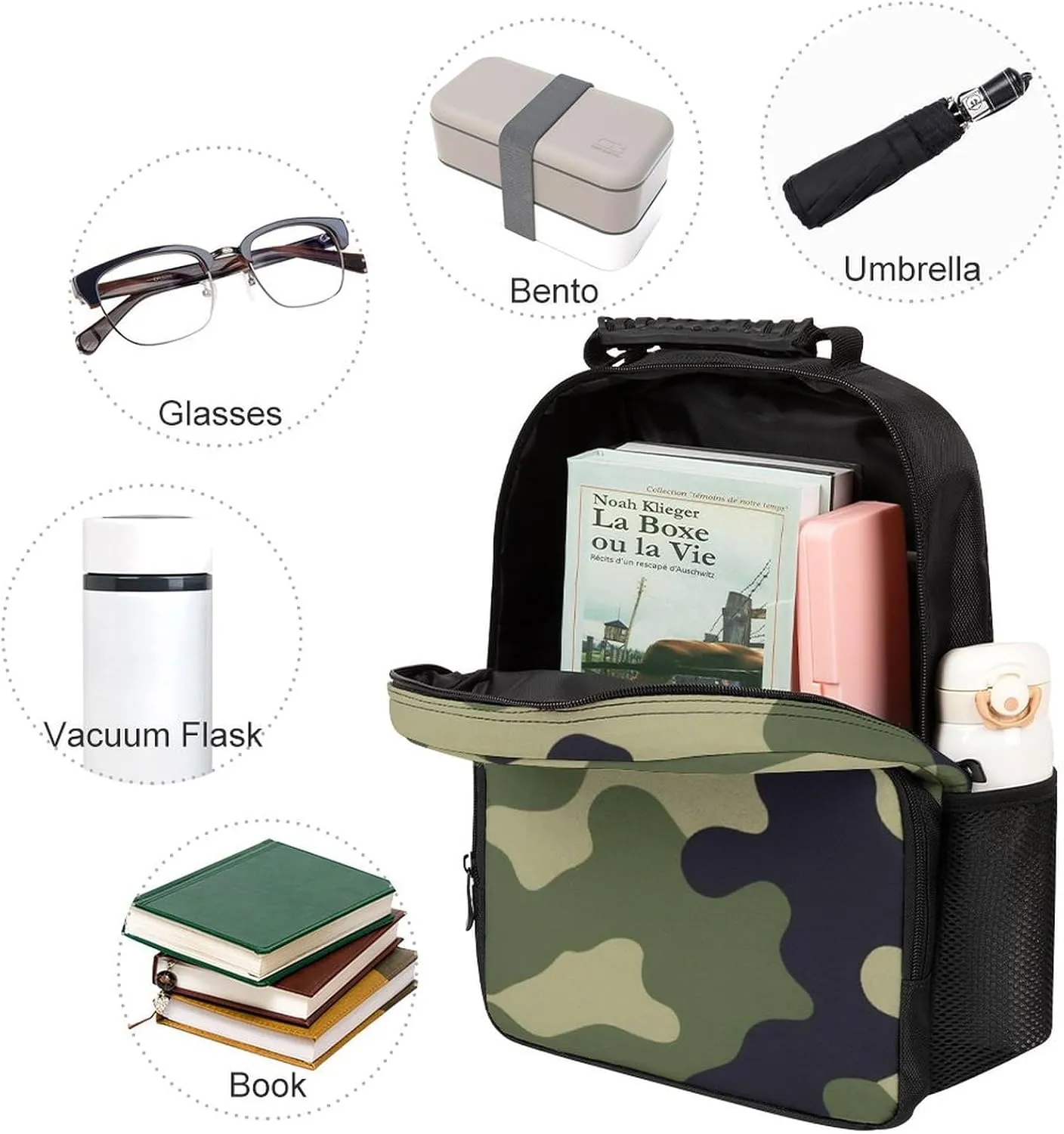 Supdreamc Women Men Polyester Green Camo Army Camouflage 3D Print Casual Daypack Large Capacity Bookbag With Side Pockets for Sports Picnic Walking Cycling