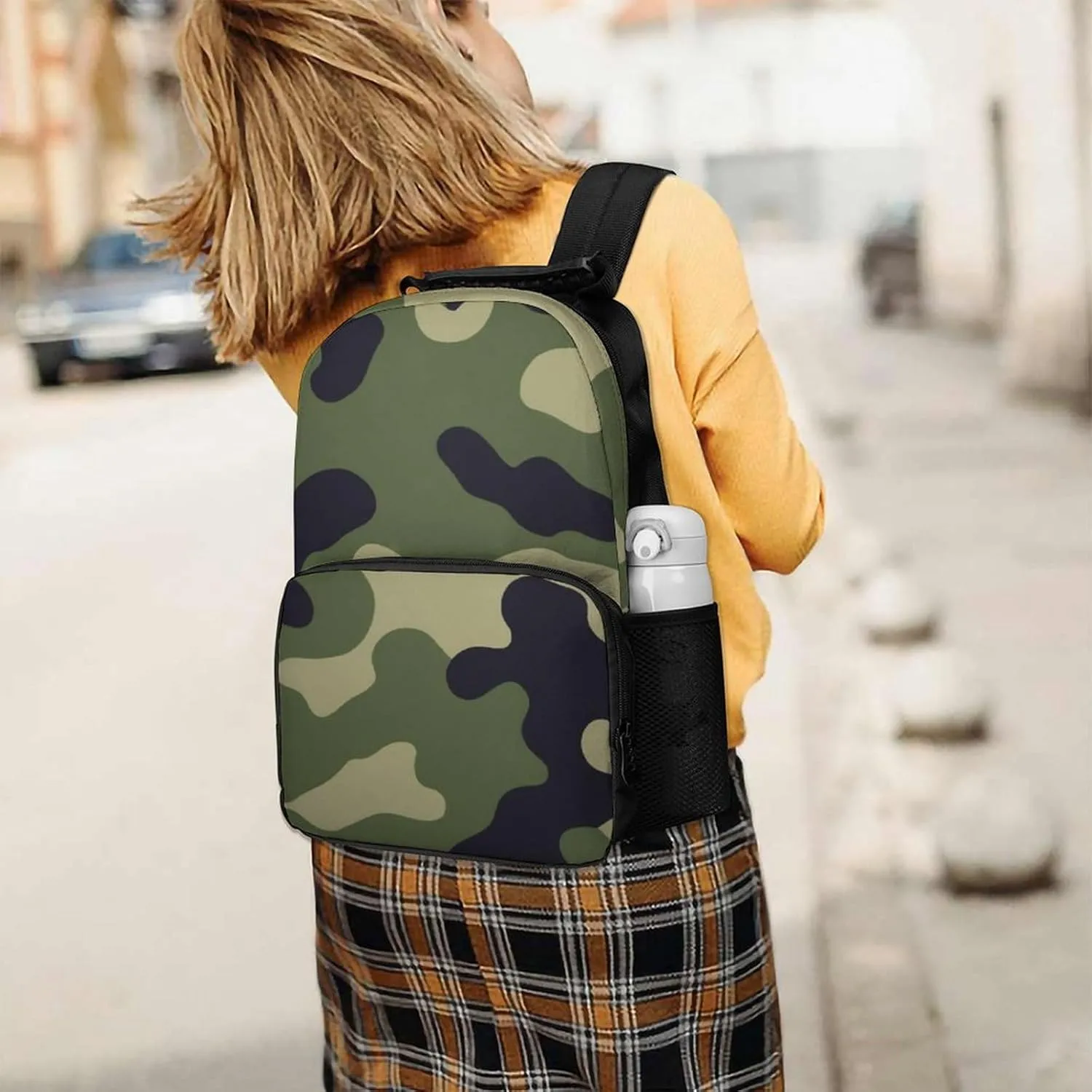 Supdreamc Women Men Polyester Green Camo Army Camouflage 3D Print Casual Daypack Large Capacity Bookbag With Side Pockets for Sports Picnic Walking Cycling