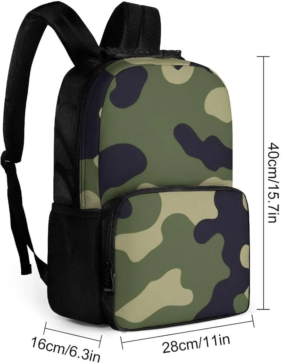 Supdreamc Women Men Polyester Green Camo Army Camouflage 3D Print Casual Daypack Large Capacity Bookbag With Side Pockets for Sports Picnic Walking Cycling