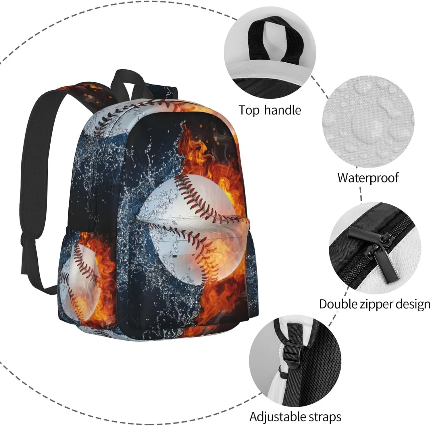 SUPLUCHOM School Backpack Baseball Fire Water Sport Casual Daypack Men Women Polyester Laptop Bag with Side Pockets Bookbag for Travel Hiking Work Student Over 3 Years Old Kids