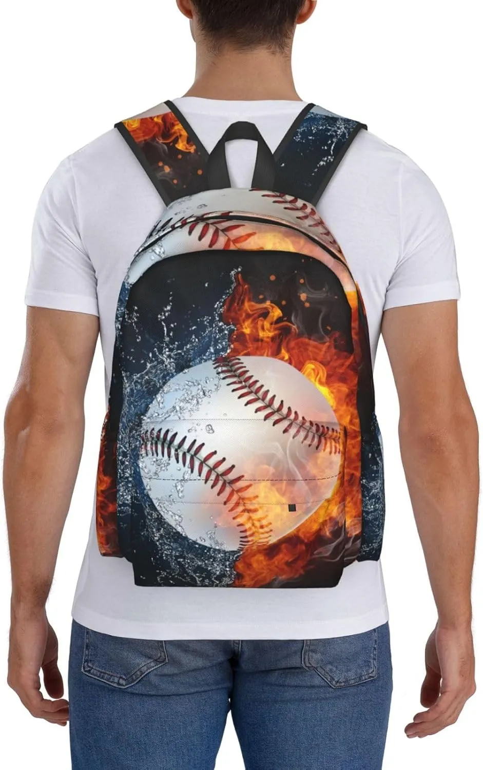 SUPLUCHOM School Backpack Baseball Fire Water Sport Casual Daypack Men Women Polyester Laptop Bag with Side Pockets Bookbag for Travel Hiking Work Student Over 3 Years Old Kids