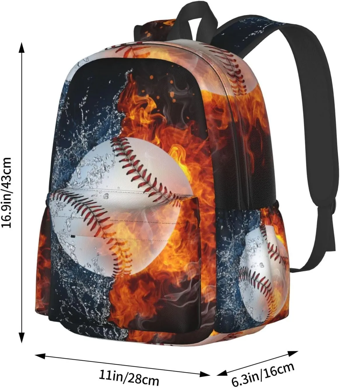 SUPLUCHOM School Backpack Baseball Fire Water Sport Casual Daypack Men Women Polyester Laptop Bag with Side Pockets Bookbag for Travel Hiking Work Student Over 3 Years Old Kids
