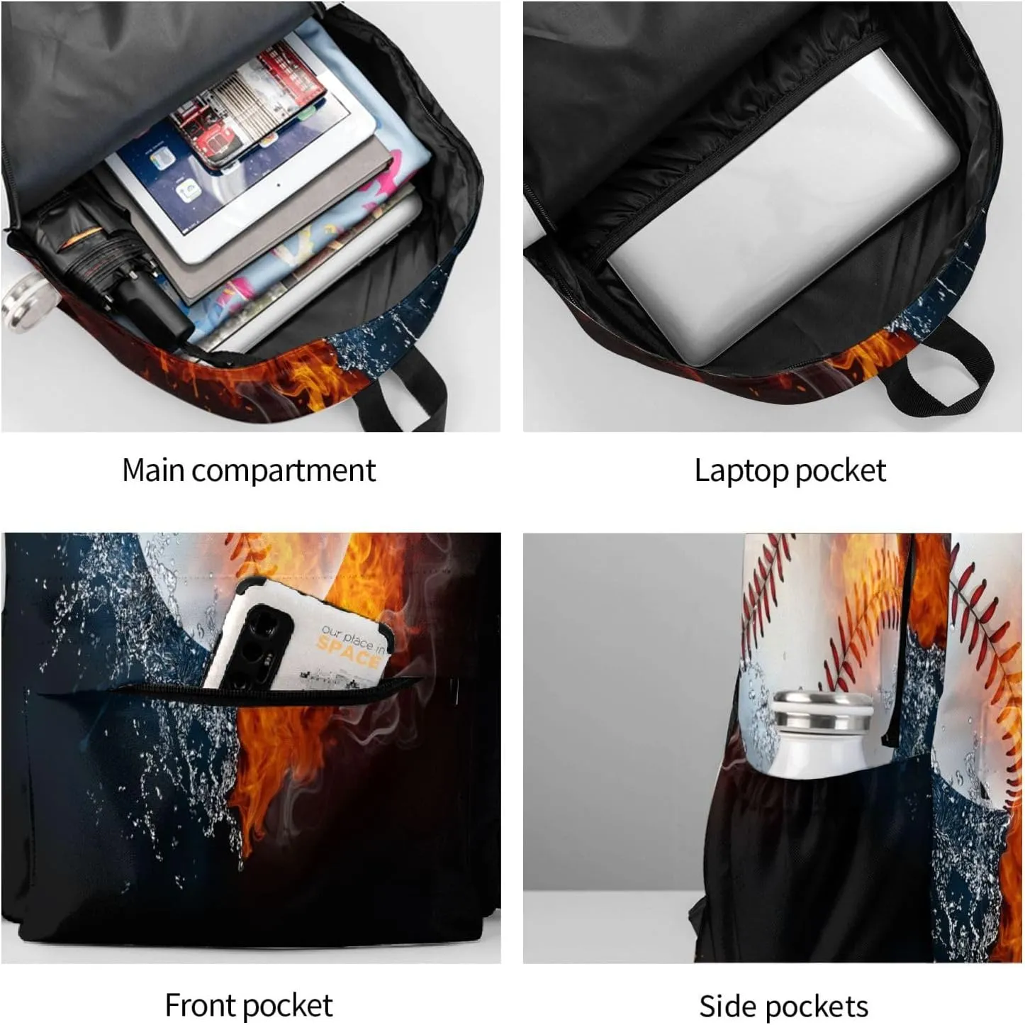 SUPLUCHOM School Backpack Baseball Fire Water Sport Casual Daypack Men Women Polyester Laptop Bag with Side Pockets Bookbag for Travel Hiking Work Student Over 3 Years Old Kids