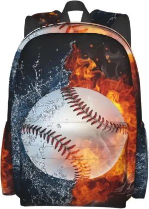 SUPLUCHOM School Backpack Baseball Fire Water Sport Casual Daypack Men Women Polyester Laptop Bag with Side Pockets Bookbag for Travel Hiking Work Student Over 3 Years Old Kids