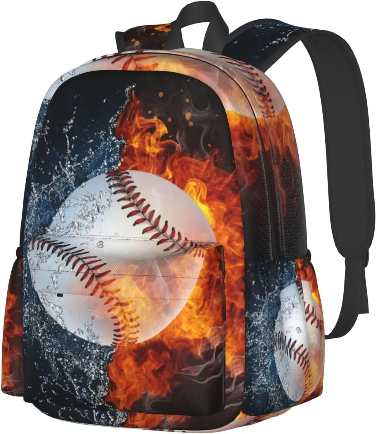 SUPLUCHOM School Backpack Baseball Fire Water Sport Casual Daypack Men Women Polyester Laptop Bag with Side Pockets Bookbag for Travel Hiking Work Student Over 3 Years Old Kids