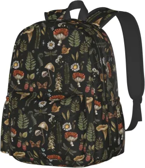 SUPLUCHOM School Backpack Vintage Magic Mushroom Leaf Forest Casual Daypack Men Women Polyester Laptop Bag with Side Pockets Bookbag for Travel Hiking Work Student Over 3 Years Old Kids