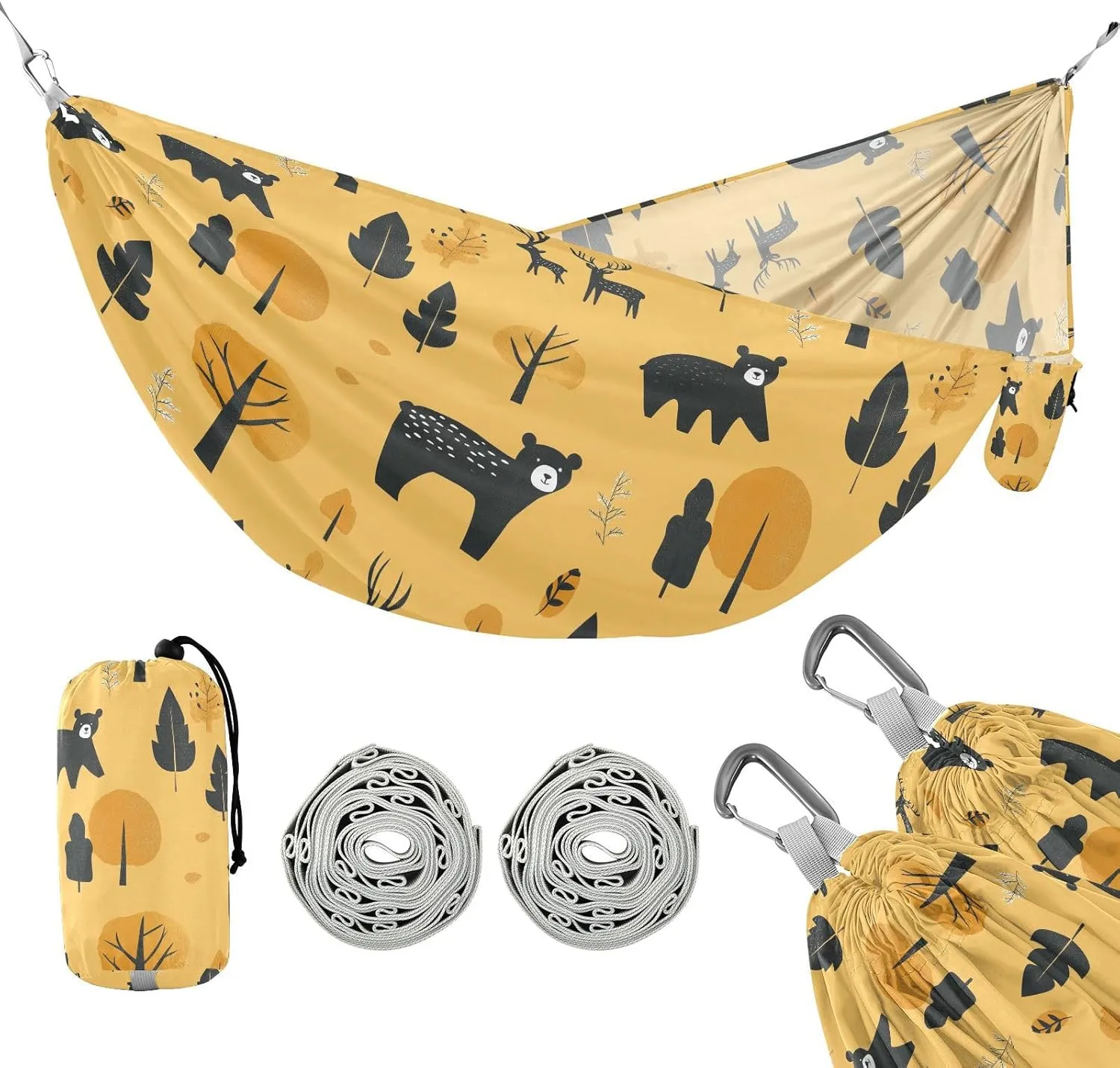 susiyo Portable Camping Hammock Bears Deer Printed Lightweight Hammock Comfortable Travel Swing with Tree Straps for Camping Hiking Backpacking Travel or Beach - Up to 330lbs
