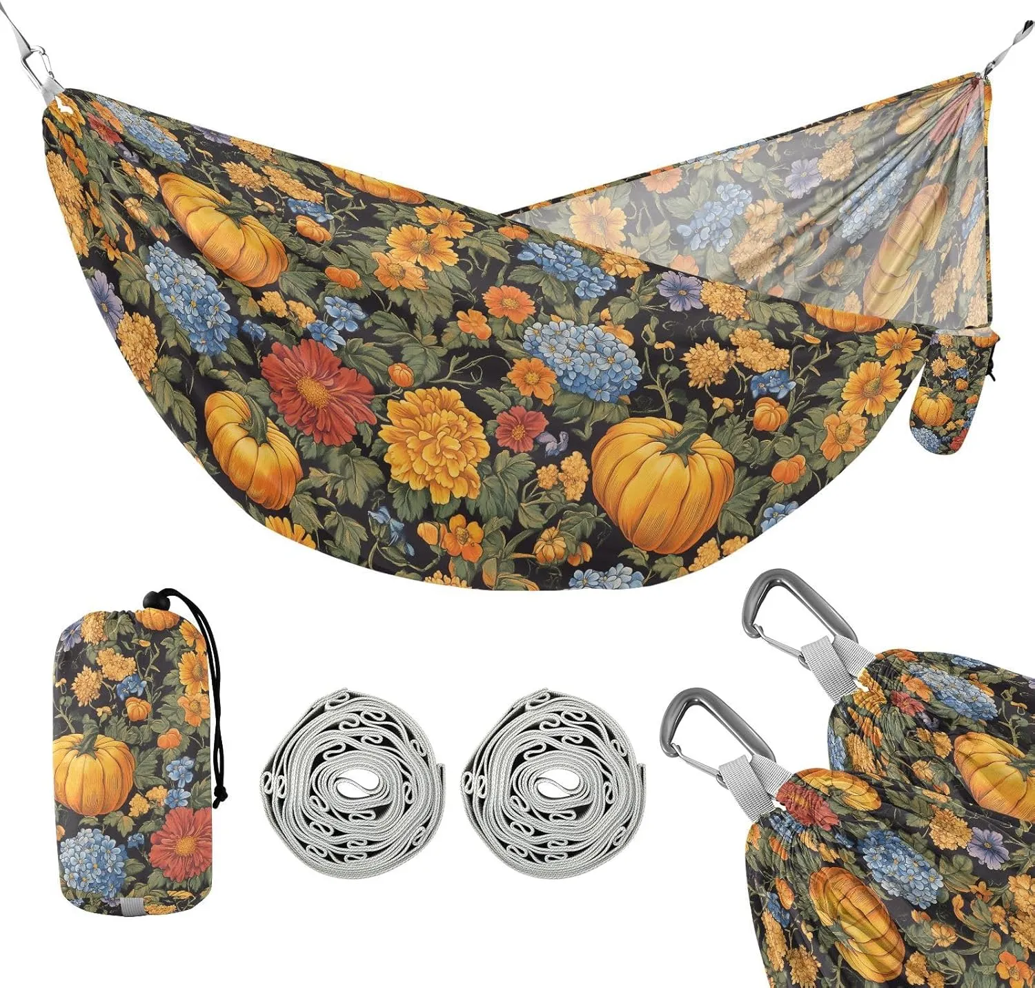 susiyo Portable Camping Hammock Halloween Flowers Pumpkins Printed Lightweight Hammock Comfortable Travel Swing with Tree Straps for Camping Hiking Backpacking Travel or Beach - Up to 330lbs