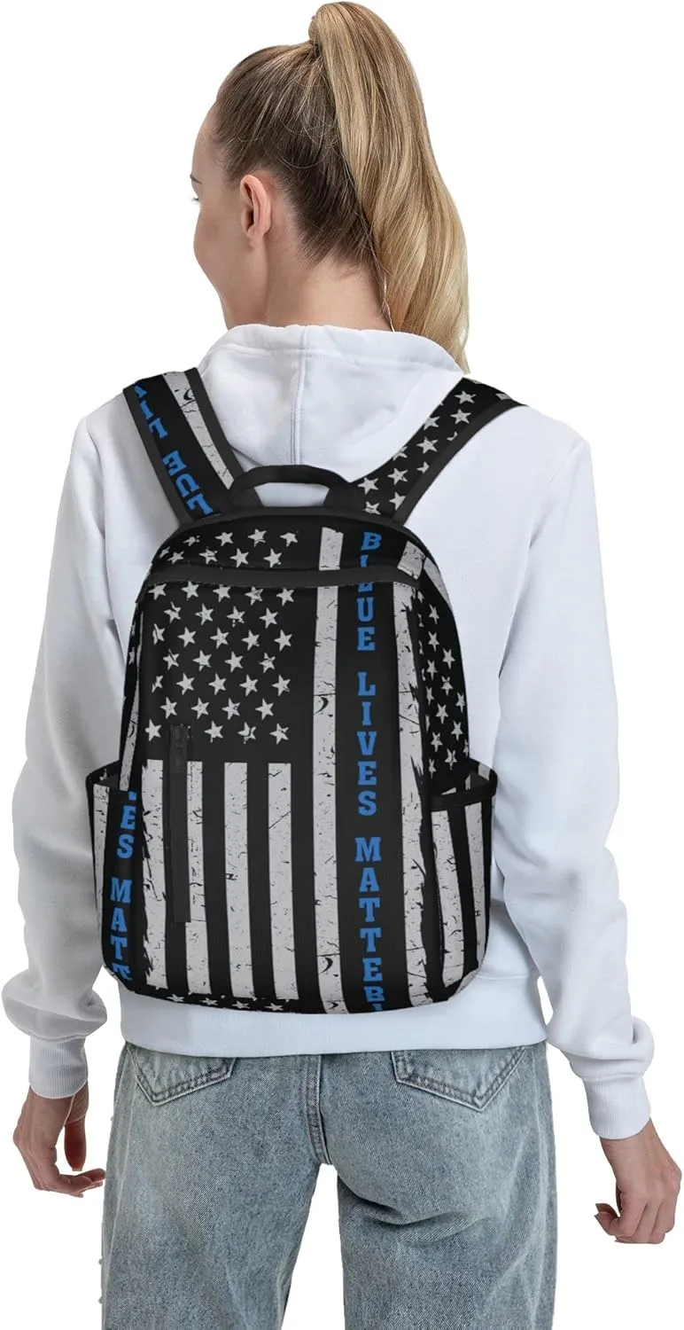 SWEET TANG Backpack for blue lives matter line American Flag Police pattern black Bookbag