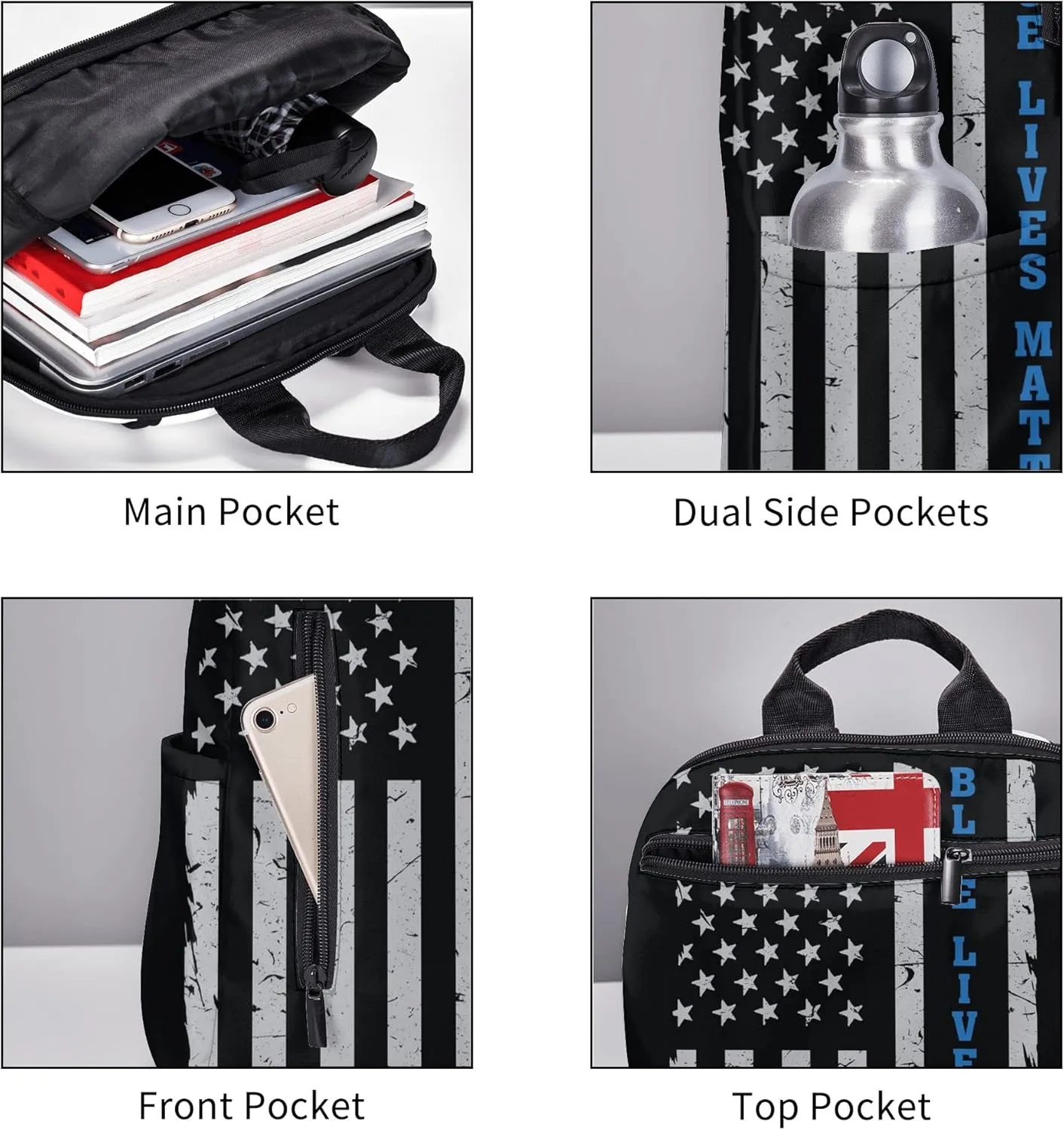 SWEET TANG Backpack for blue lives matter line American Flag Police pattern black Bookbag