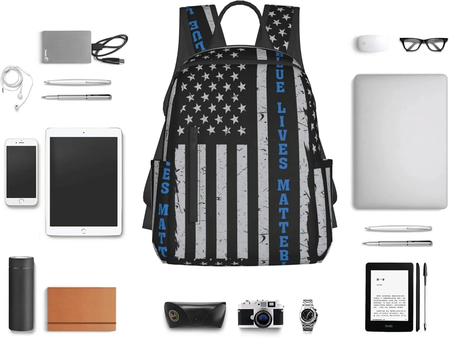 SWEET TANG Backpack for blue lives matter line American Flag Police pattern black Bookbag