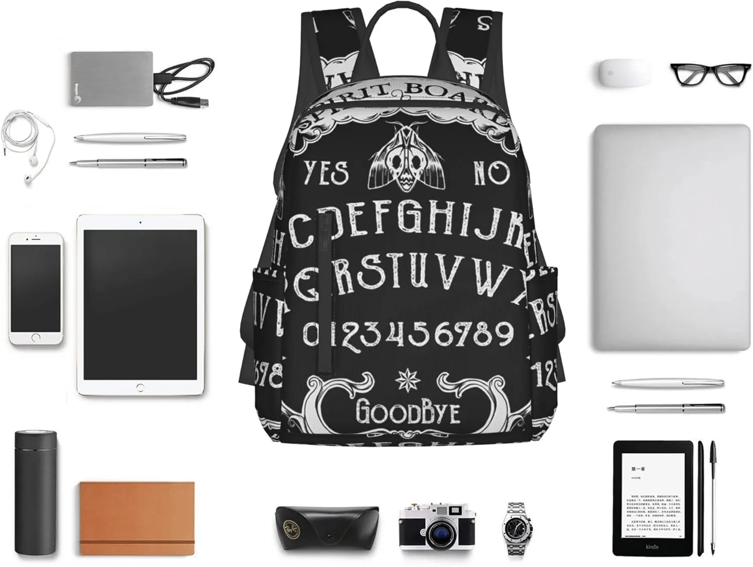 SWEET TANG Backpack Travel, Work Bookbag cat skull head Witch Board Black Gothic Casual Daypacks with Water Bottle Pocket