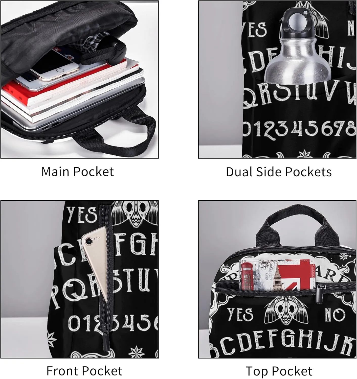 SWEET TANG Backpack Travel, Work Bookbag cat skull head Witch Board Black Gothic Casual Daypacks with Water Bottle Pocket