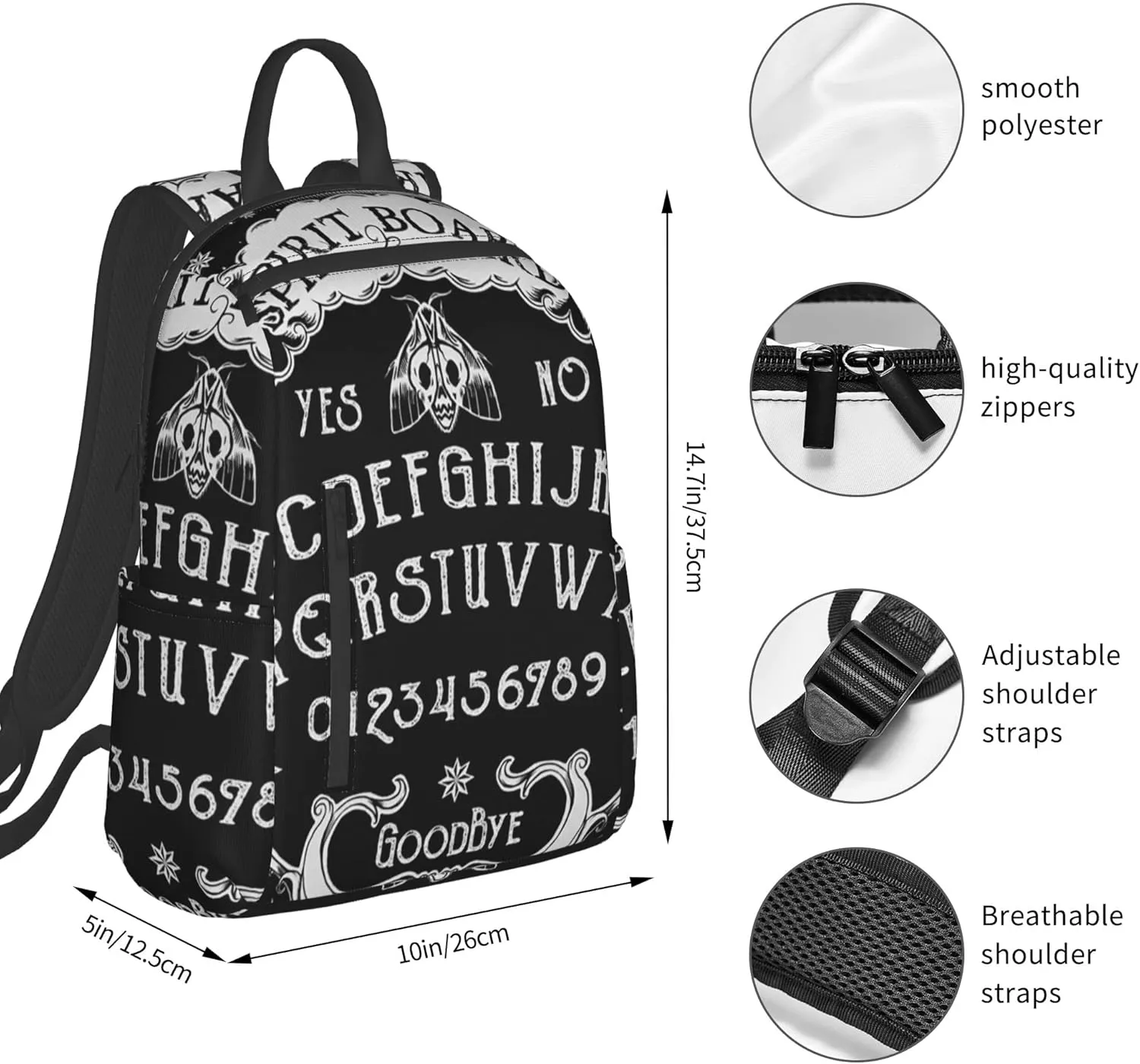 SWEET TANG Backpack Travel, Work Bookbag cat skull head Witch Board Black Gothic Casual Daypacks with Water Bottle Pocket
