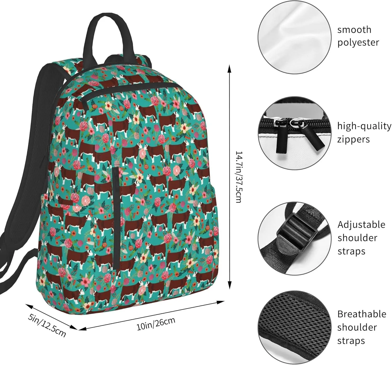 SWEET TANG Hereford Cow Cattle Floral Backpack Fashion Rucksack Anti Theft Rucksack Extra Large Laptop Backpack for Hiking Camping College