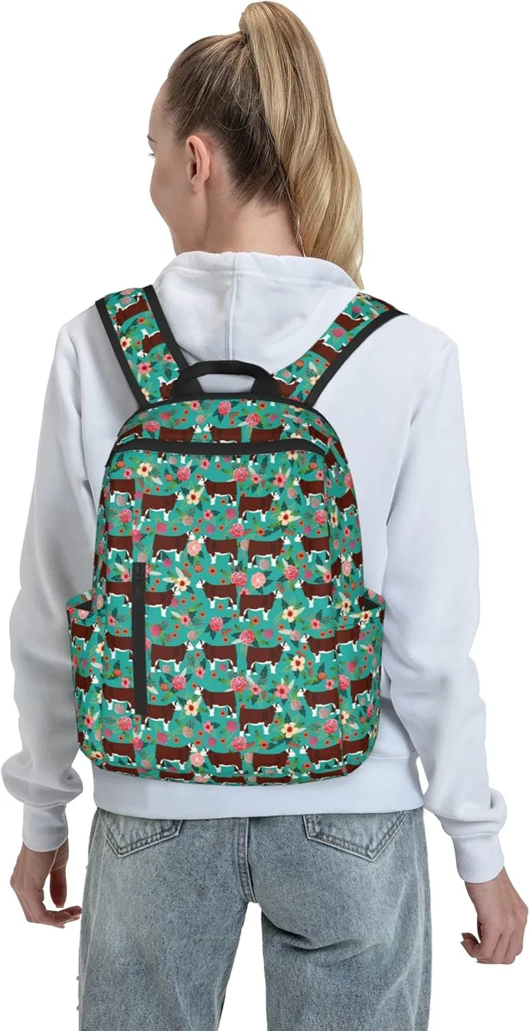 SWEET TANG Hereford Cow Cattle Floral Backpack Fashion Rucksack Anti Theft Rucksack Extra Large Laptop Backpack for Hiking Camping College