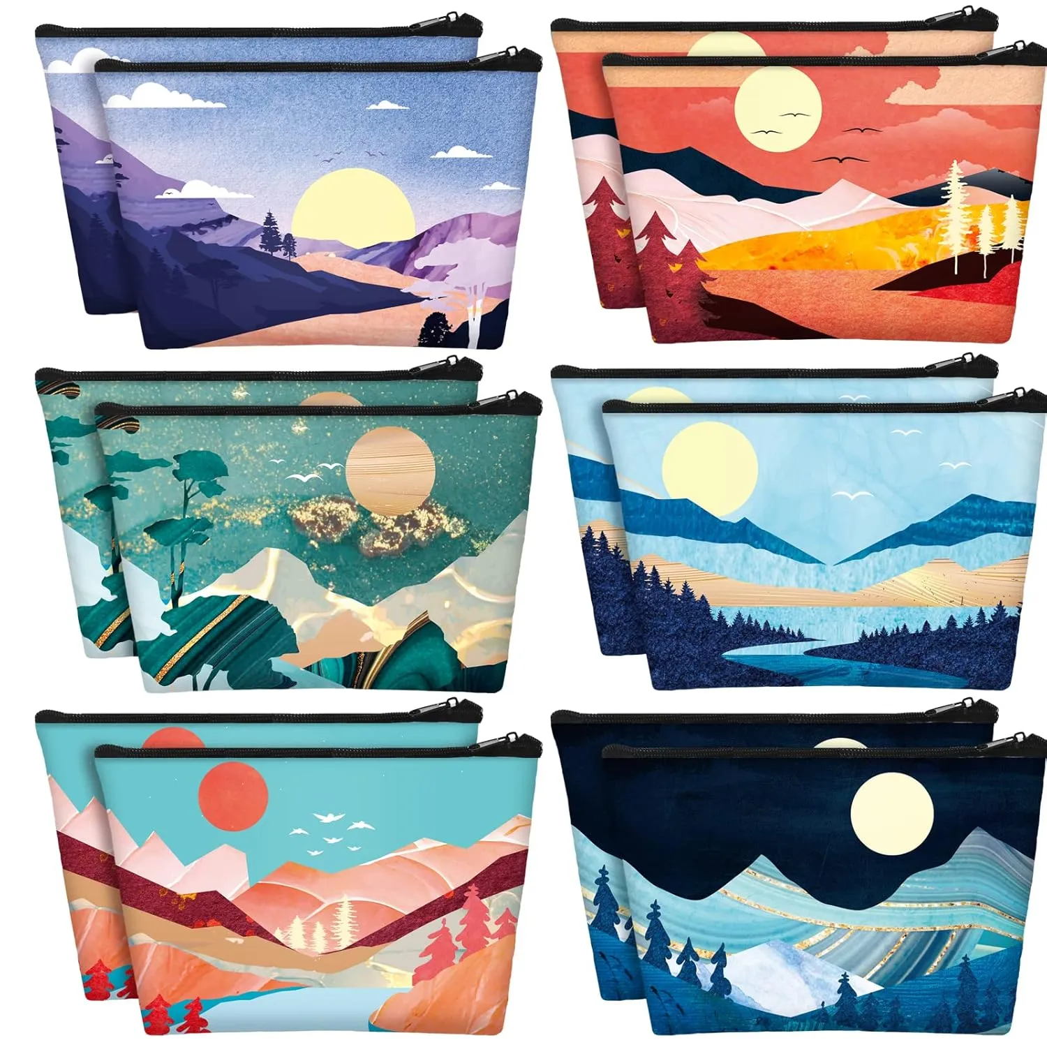 Sweetude 12 Pcs Mountain Makeup Bag Portable Travel Cosmetic Bag Cute Zipper Pouches for Travel Waterproof Toiletry Organizer Printed Storage Pouch for Women Gifts