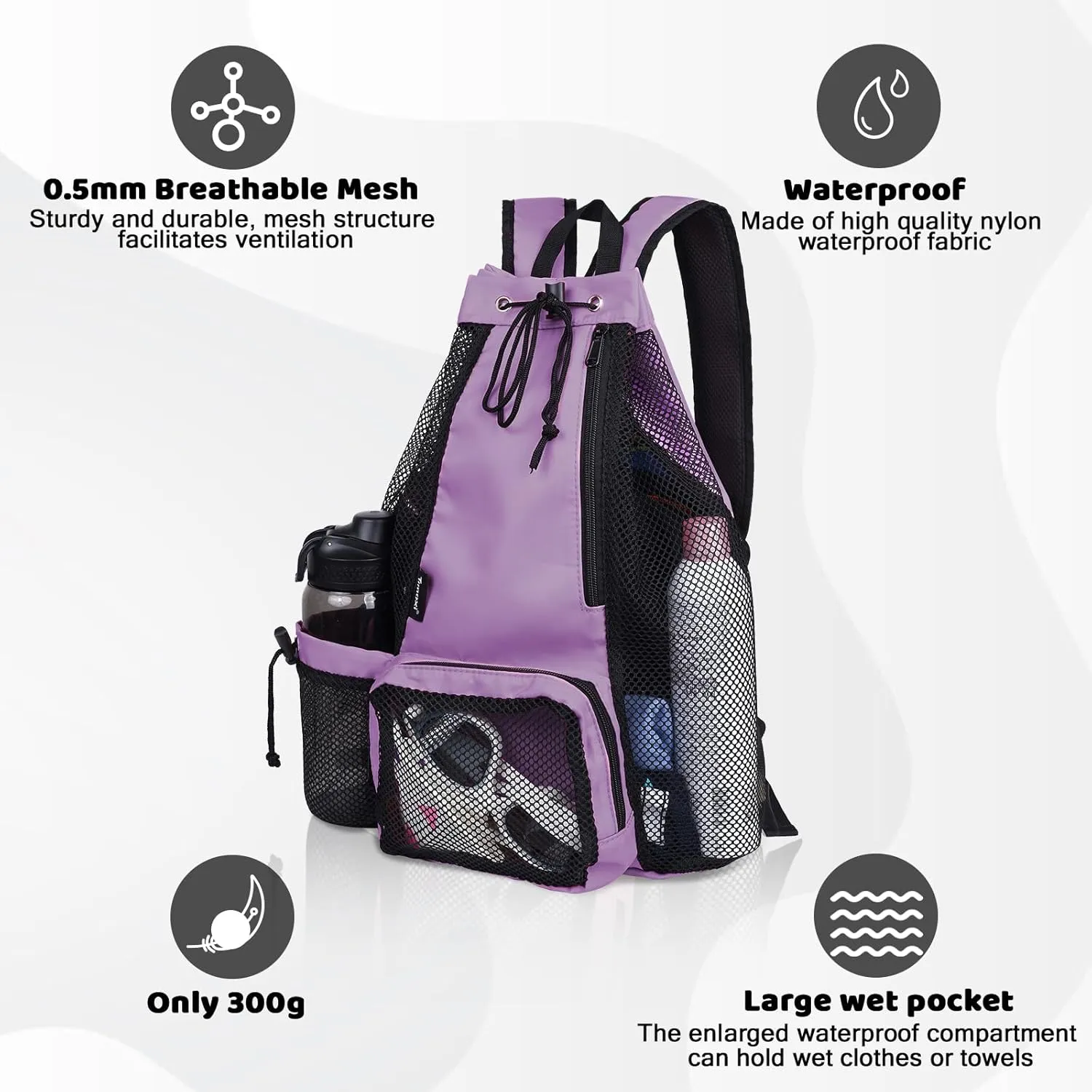 Swim Bag Beach Backpack with Padded Shoulder Strap Mesh Backpack with Wet Pocket for Swimming, Gym