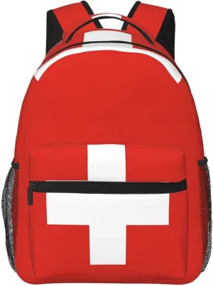 Switzerland Swiss Flag Backpack Casual Pack Bag Laptop Backpack With Side Pocket Front Zipper Pocket Bookpack Travel Daypack Picnic Rucksack