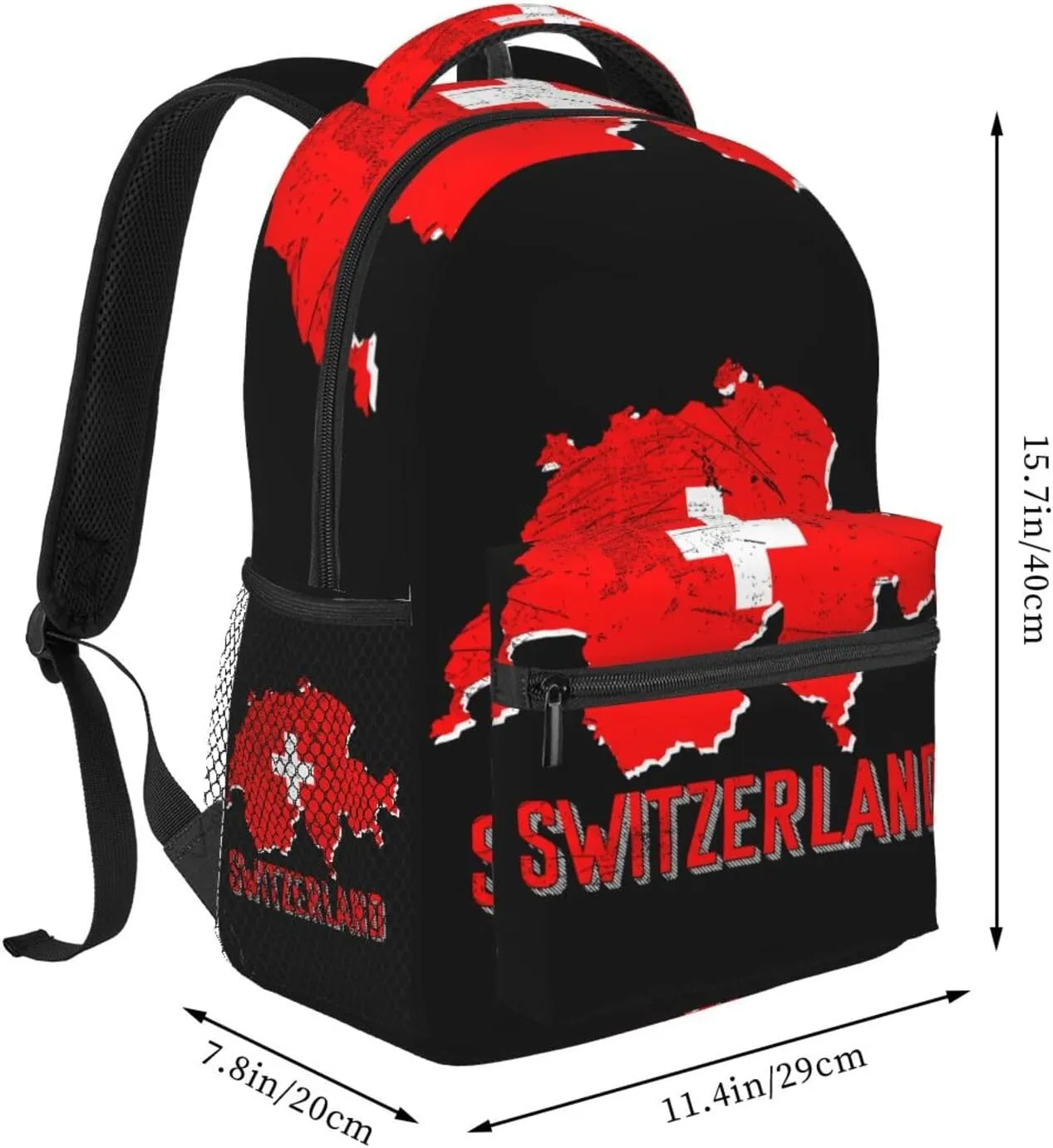 Switzerland Swiss Flag Map Backpack Casual Pack Bag Laptop Backpack With Side Pocket Front Zipper Pocket Bookpack Travel Daypack Picnic Rucksack
