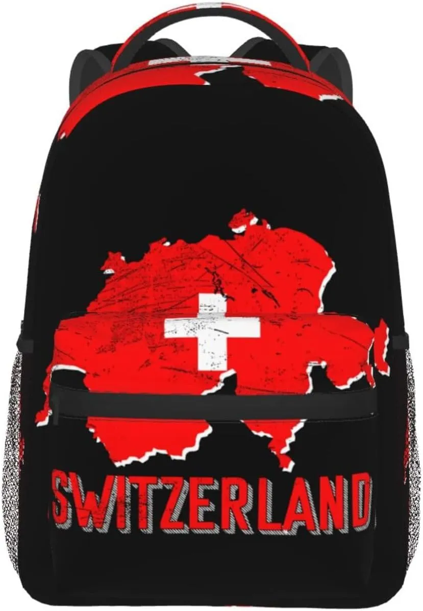 Switzerland Swiss Flag Map Backpack Casual Pack Bag Laptop Backpack With Side Pocket Front Zipper Pocket Bookpack Travel Daypack Picnic Rucksack