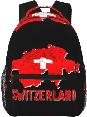 Switzerland Swiss Flag Map Backpack Casual Pack Bag Laptop Backpack With Side Pocket Front Zipper Pocket Bookpack Travel Daypack Picnic Rucksack