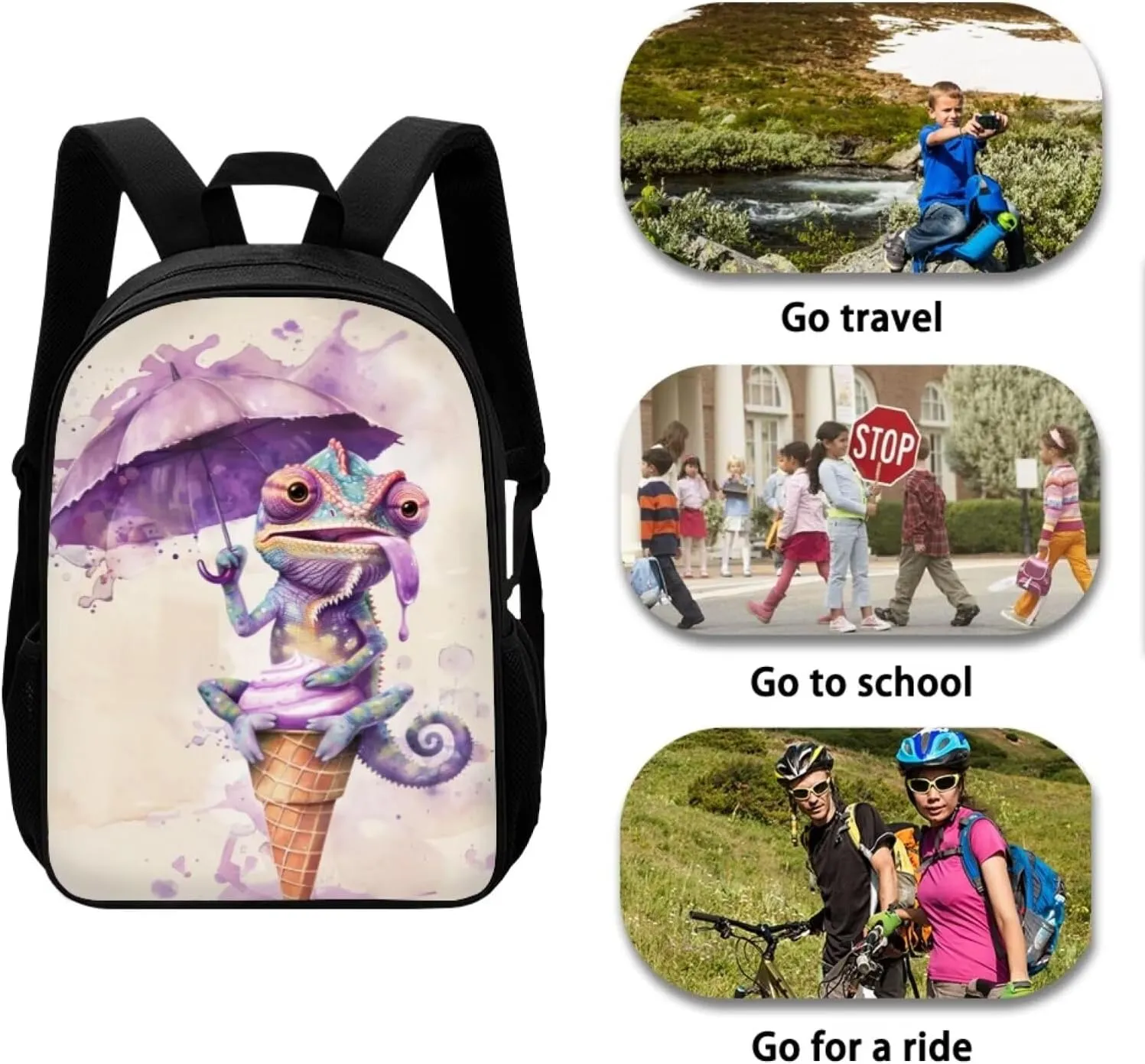 SYtrade Chameleon Purple Ice Cream Travel Backpack Girls Boys School Bookbag Kawaii Hiking Gym Backpack 17 Inch