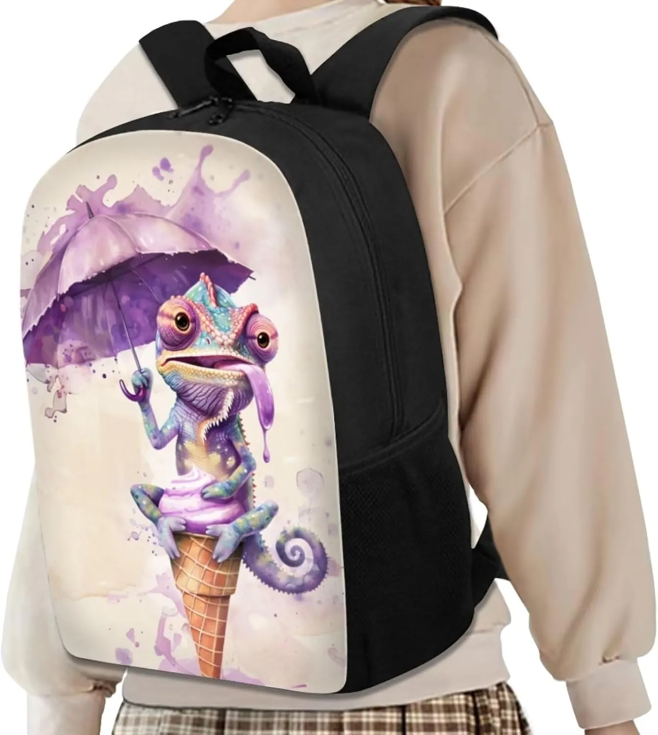 SYtrade Chameleon Purple Ice Cream Travel Backpack Girls Boys School Bookbag Kawaii Hiking Gym Backpack 17 Inch