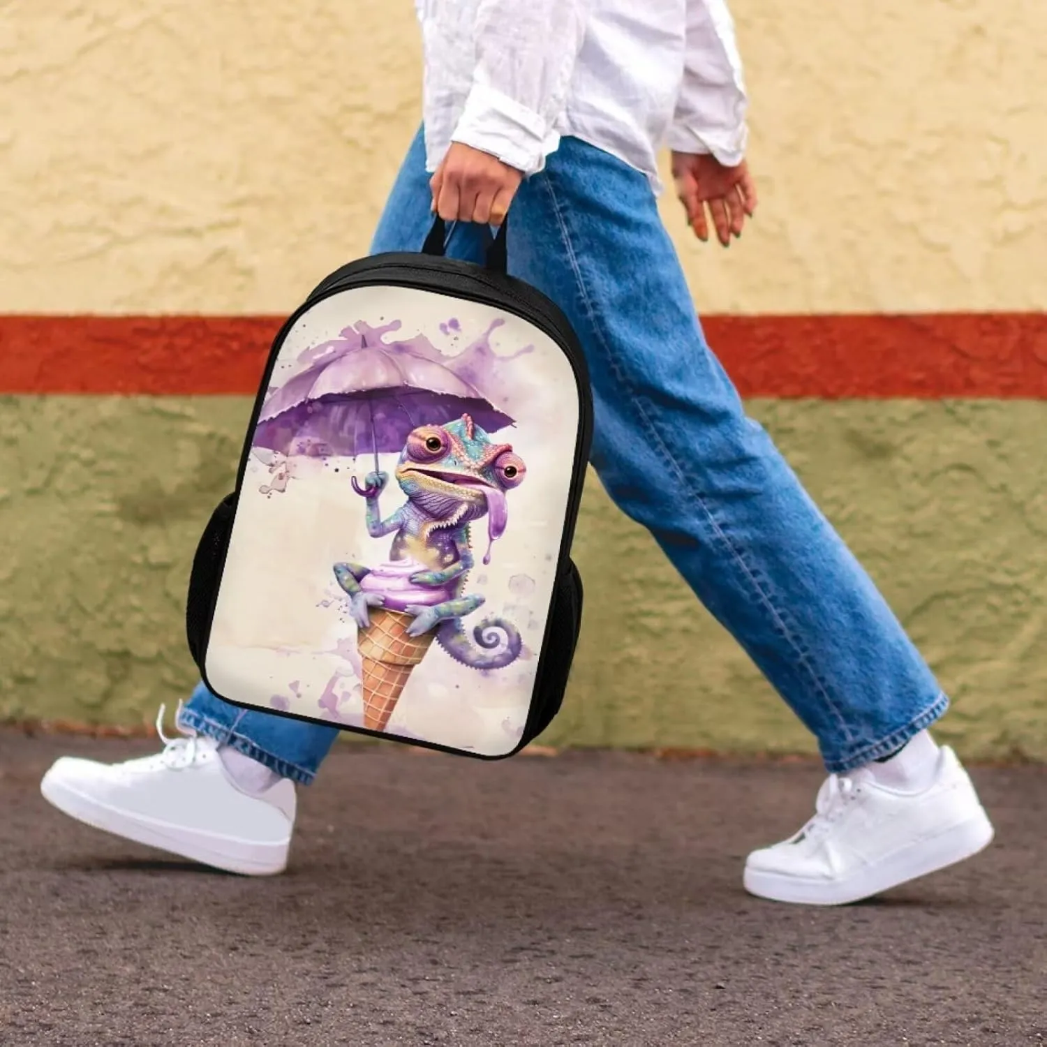 SYtrade Chameleon Purple Ice Cream Travel Backpack Girls Boys School Bookbag Kawaii Hiking Gym Backpack 17 Inch