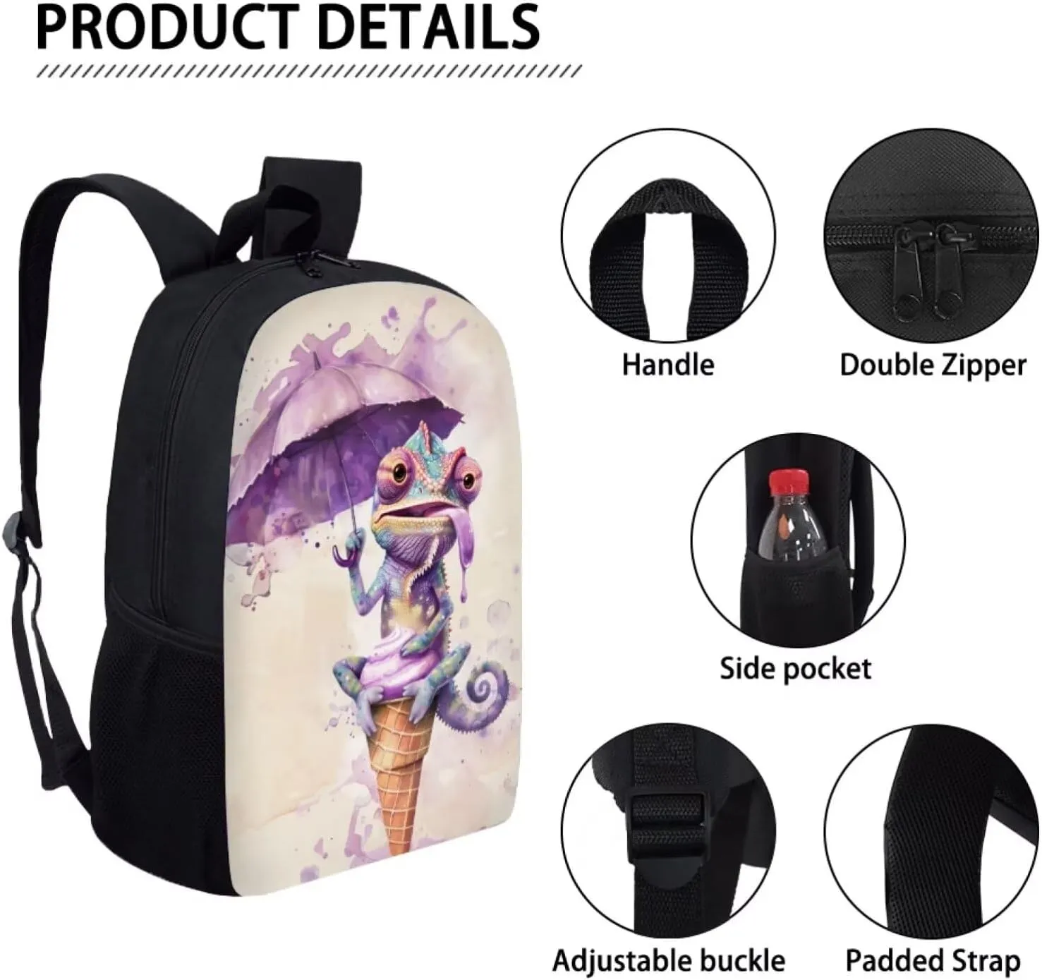 SYtrade Chameleon Purple Ice Cream Travel Backpack Girls Boys School Bookbag Kawaii Hiking Gym Backpack 17 Inch