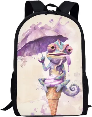 SYtrade Chameleon Purple Ice Cream Travel Backpack Girls Boys School Bookbag Kawaii Hiking Gym Backpack 17 Inch