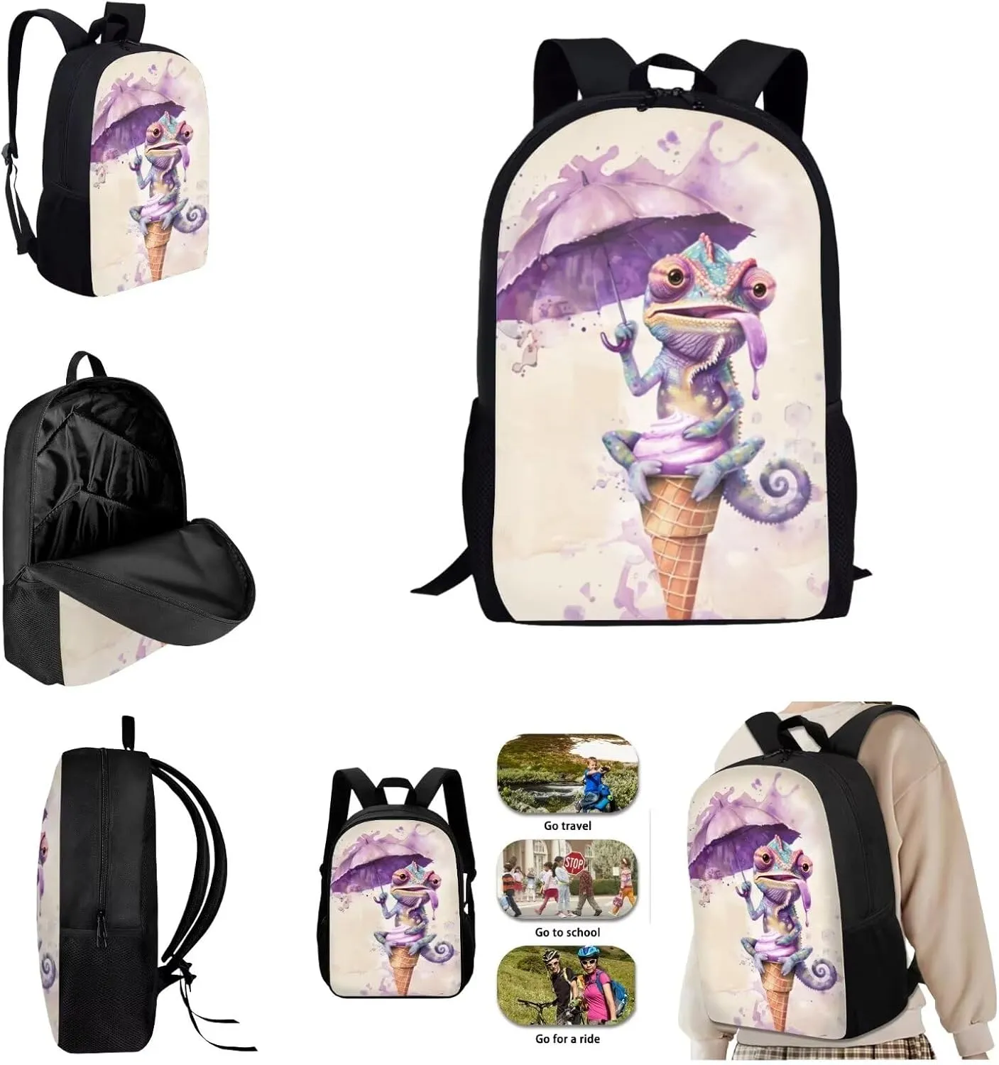 SYtrade Chameleon Purple Ice Cream Travel Backpack Girls Boys School Bookbag Kawaii Hiking Gym Backpack 17 Inch
