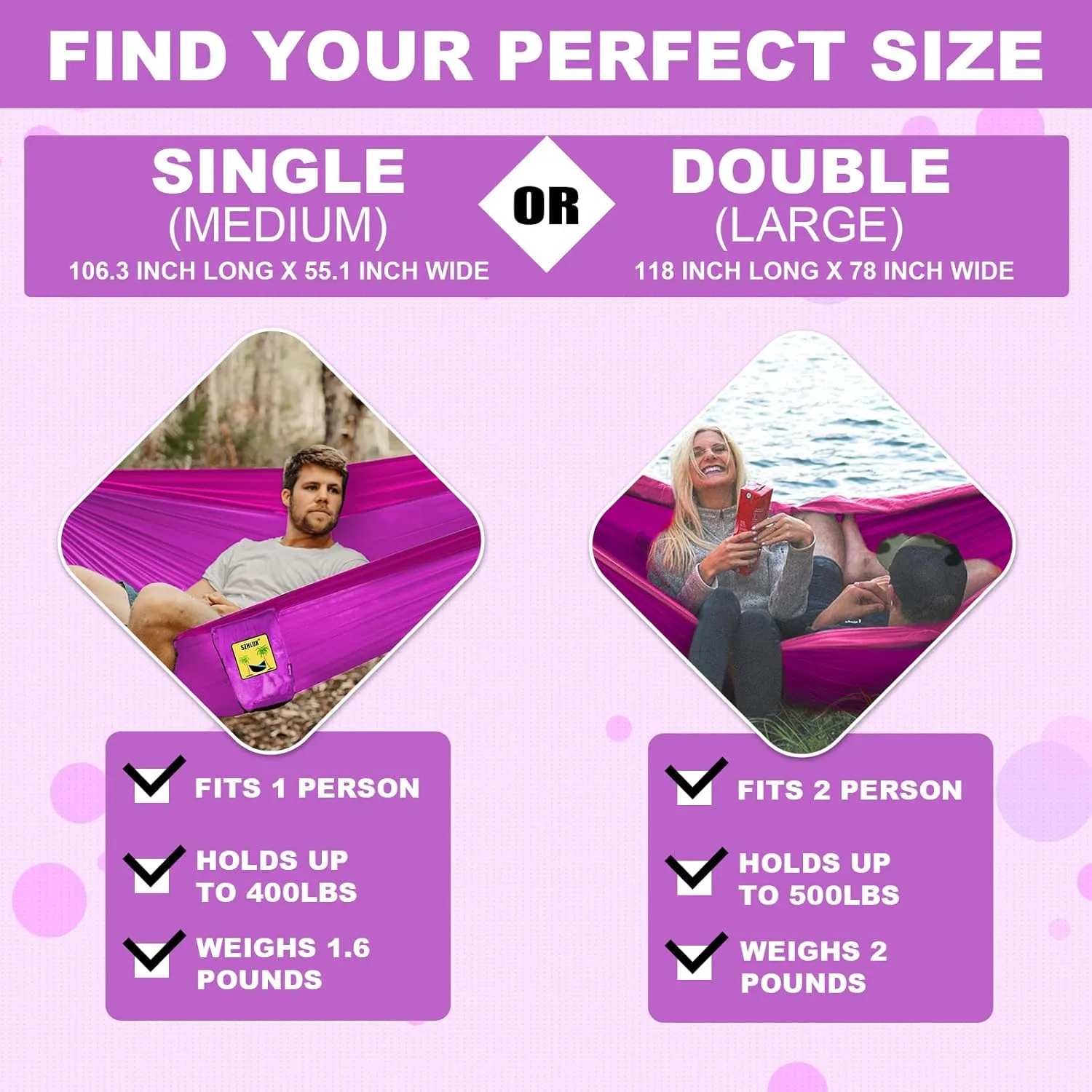 SZHLUX Camping Hammock Double & Single Portable Hammocks with 2 Tree Straps and Attached Carry Bag,Great for Outdoor,Indoor,Beach,Camping,Purple & Pink, Medium