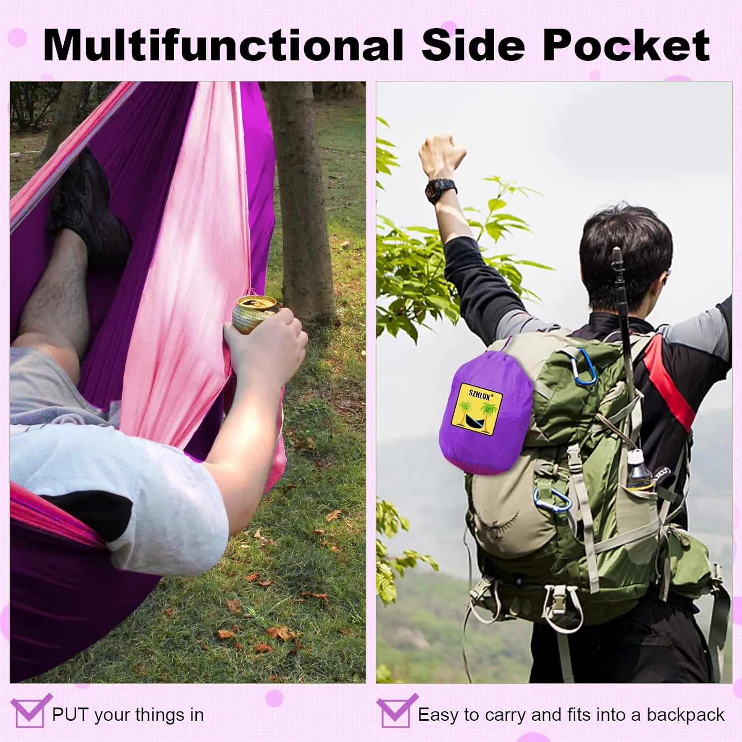 SZHLUX Camping Hammock Double & Single Portable Hammocks with 2 Tree Straps and Attached Carry Bag,Great for Outdoor,Indoor,Beach,Camping,Purple & Pink, Medium