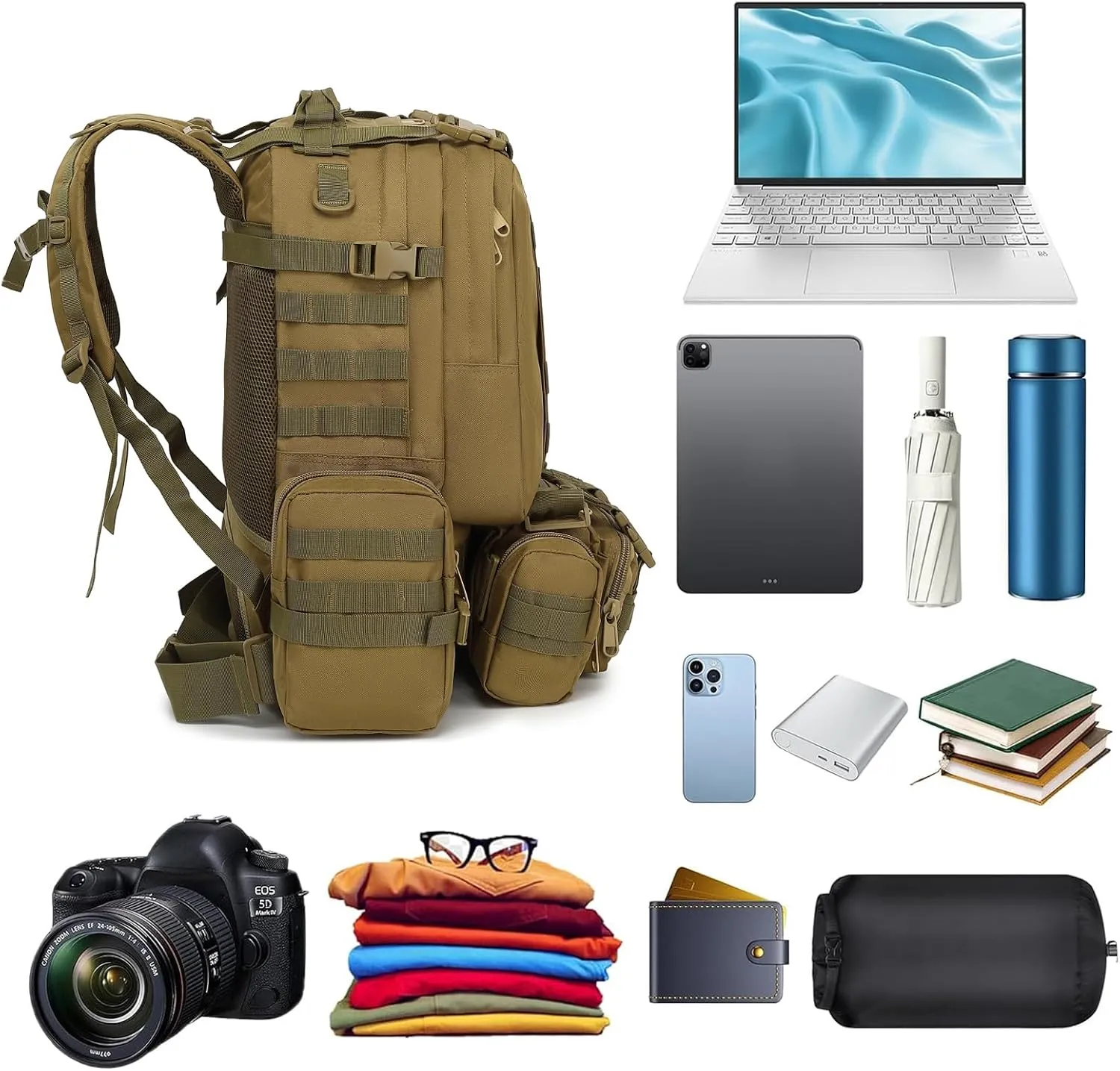Tactical Backpack for Men Women, Large Waterproof Military Backpack Detachable Molle Backpack Army Assault Pack (Khaki)