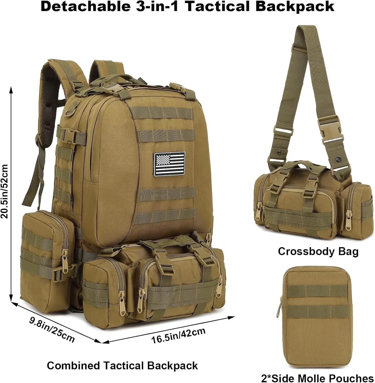 Tactical Backpack for Men Women, Large Waterproof Military Backpack Detachable Molle Backpack Army Assault Pack (Khaki)