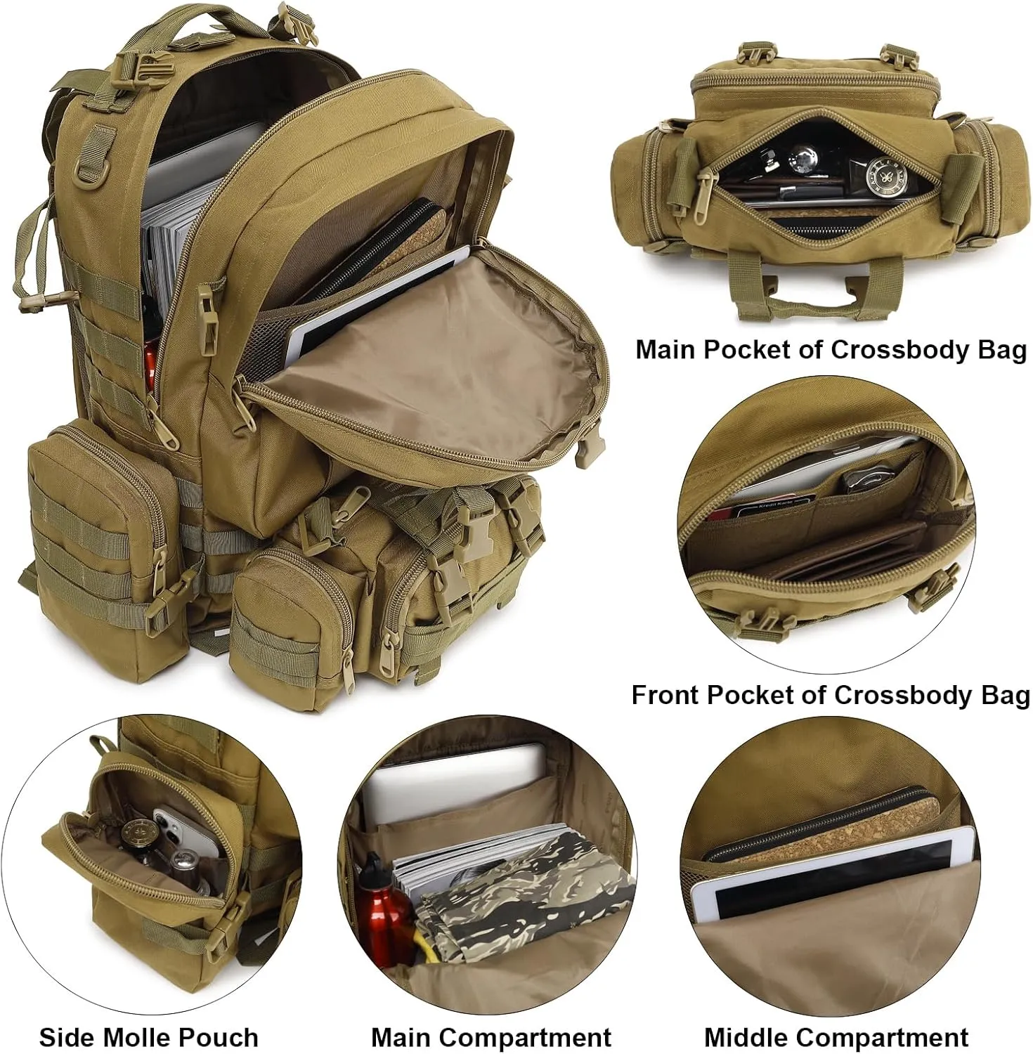 Tactical Backpack for Men Women, Large Waterproof Military Backpack Detachable Molle Backpack Army Assault Pack (Khaki)