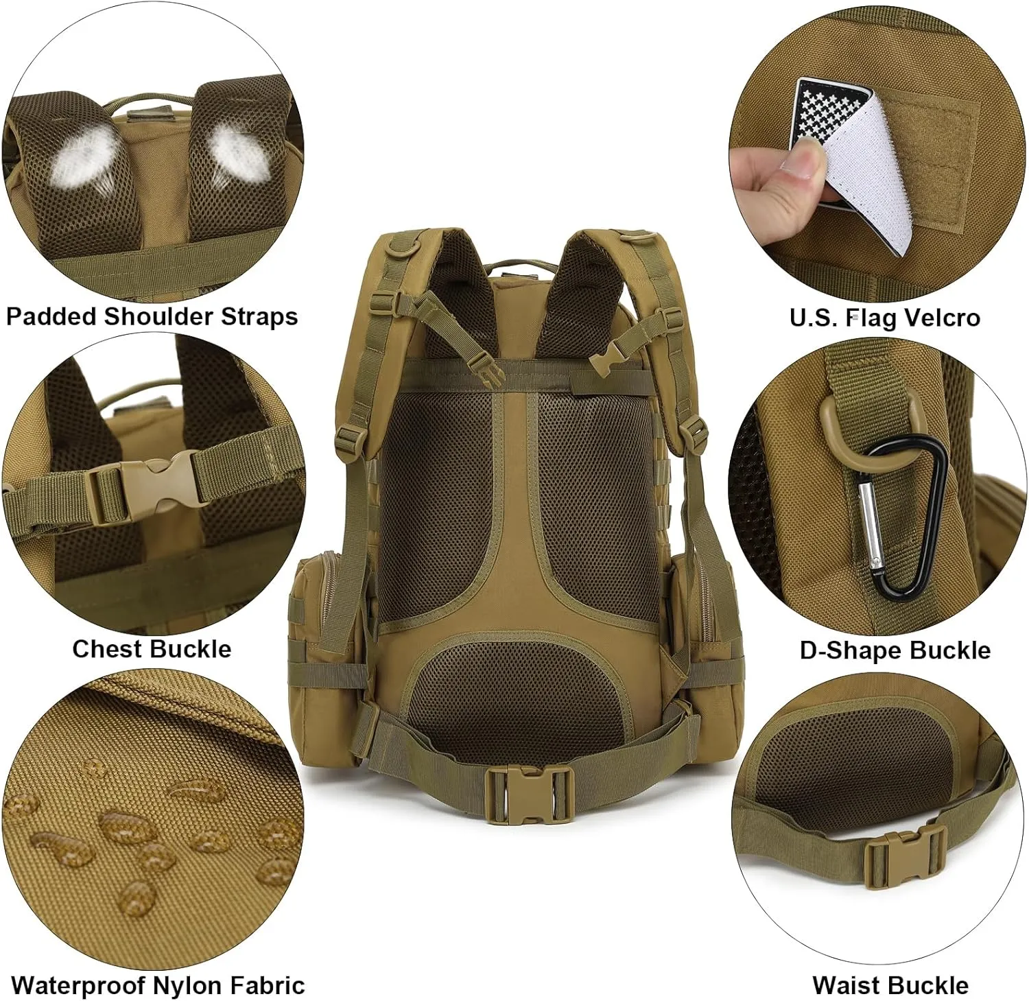 Tactical Backpack for Men Women, Large Waterproof Military Backpack Detachable Molle Backpack Army Assault Pack (Khaki)