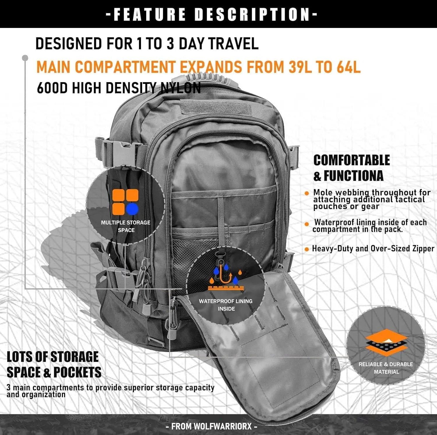 Tactical Backpack Military Hiking Daypack - Molle Backpack for Men 3 Day Assault Pack Bug Out Bag for Camping (Grey)