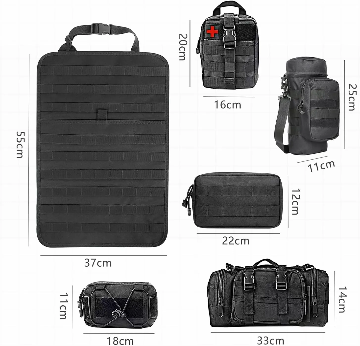 Tactical Car Seat Organizer Backseat - Car Back Seat Organizer Molle Panel with 5 Detachable Molle Pouches (Black)