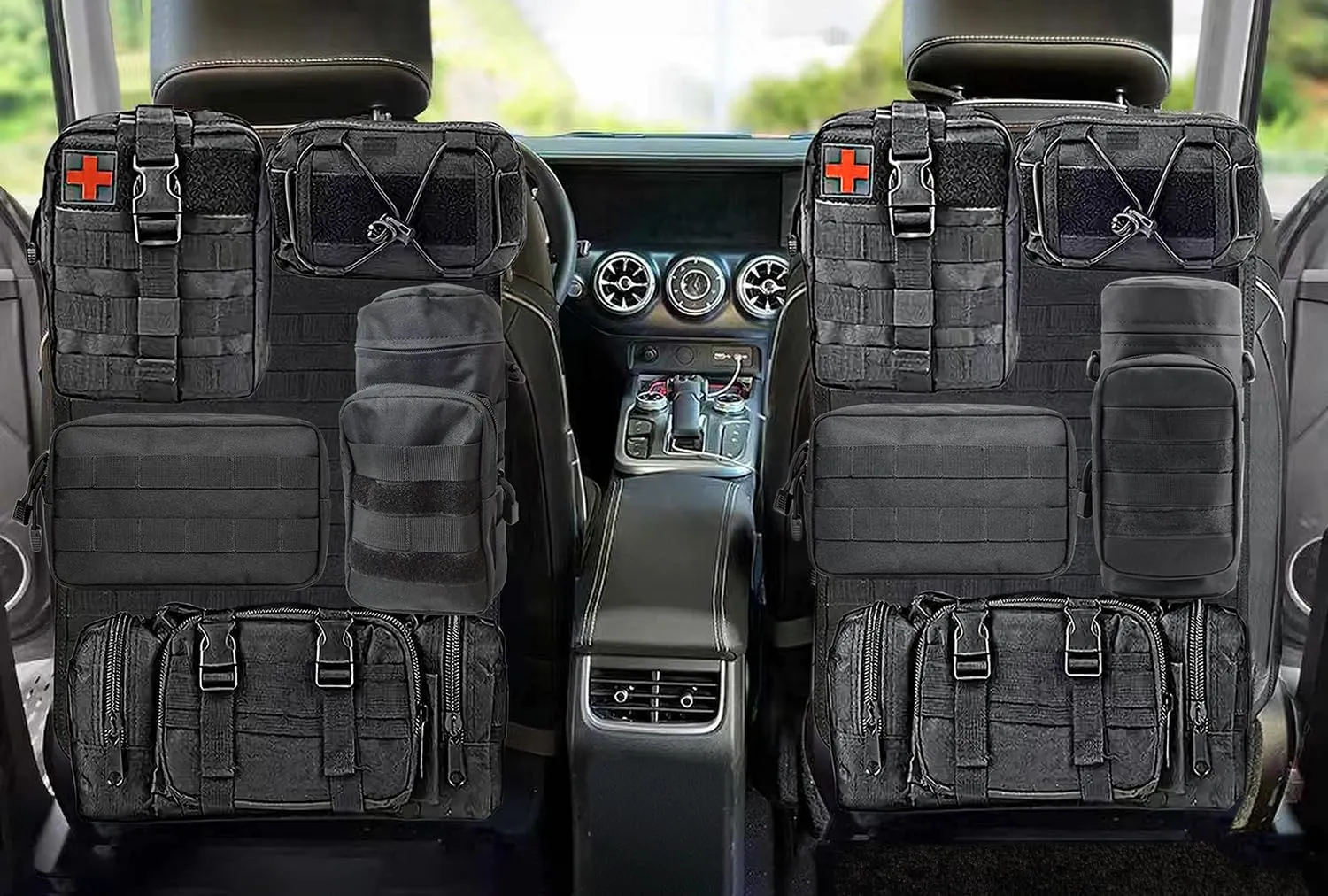 Tactical Car Seat Organizer Backseat - Car Back Seat Organizer Molle Panel with 5 Detachable Molle Pouches (Black)