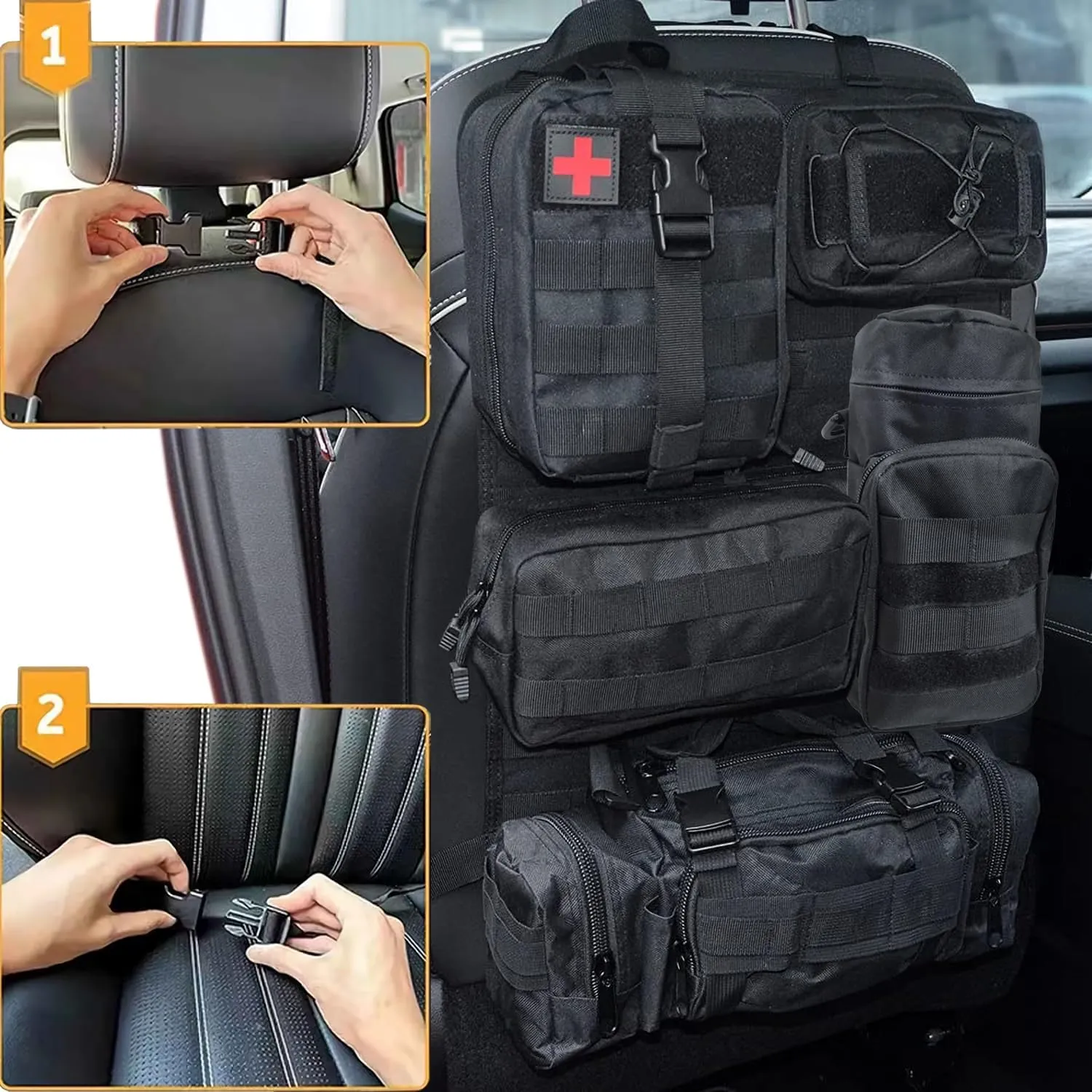 Tactical Car Seat Organizer Backseat - Car Back Seat Organizer Molle Panel with 5 Detachable Molle Pouches (Black)