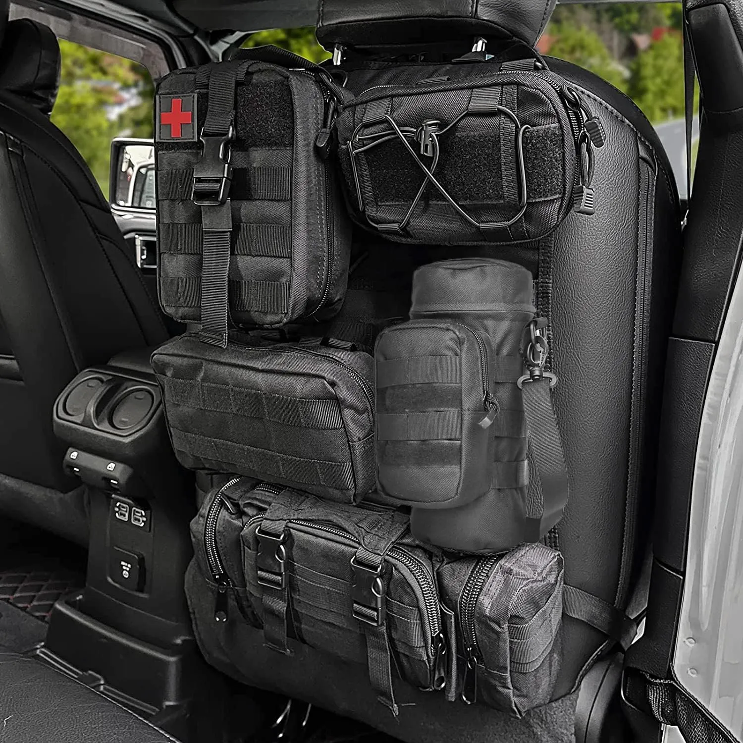 Tactical Car Seat Organizer Backseat - Car Back Seat Organizer Molle Panel with 5 Detachable Molle Pouches (Black)