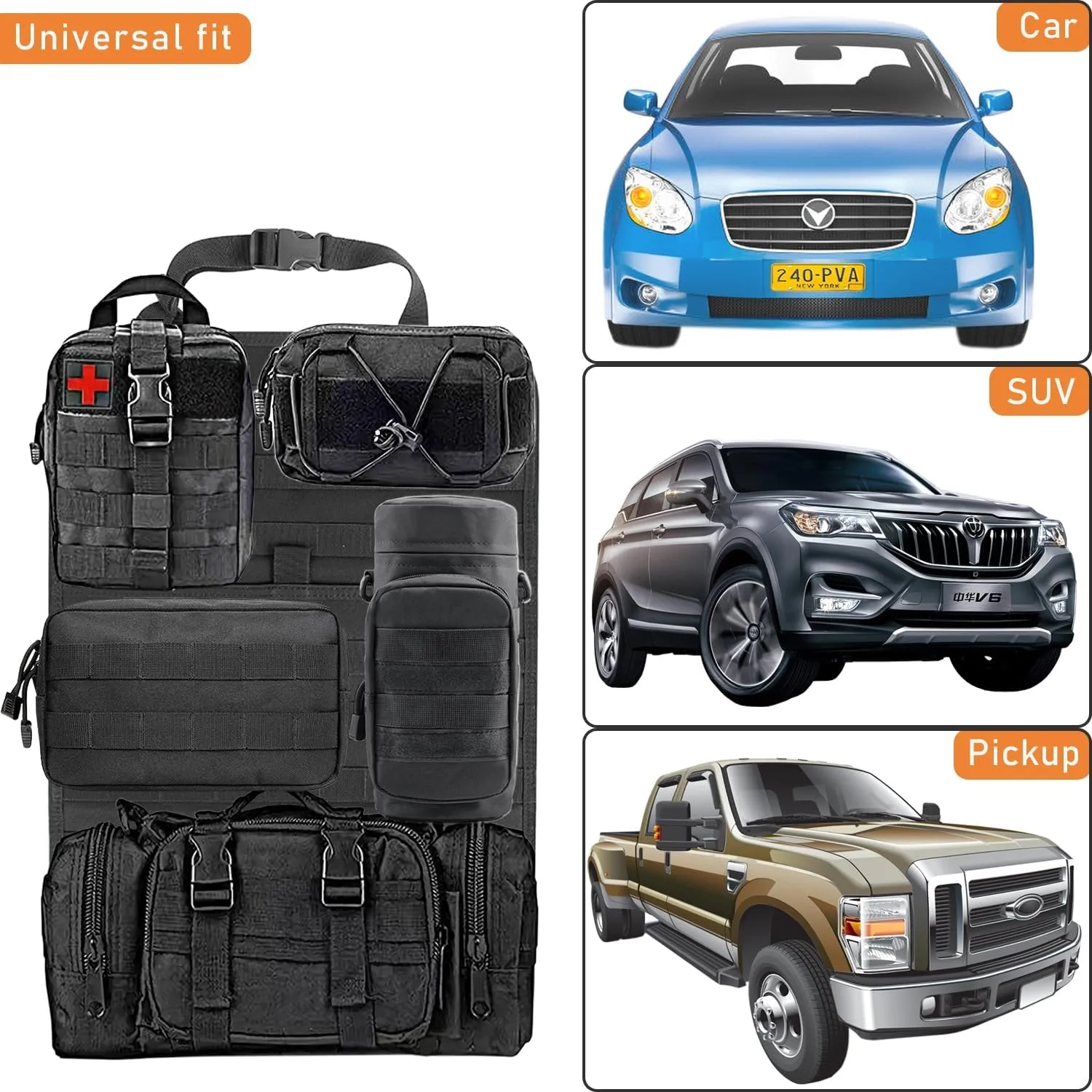 Tactical Car Seat Organizer Backseat - Car Back Seat Organizer Molle Panel with 5 Detachable Molle Pouches (Black)