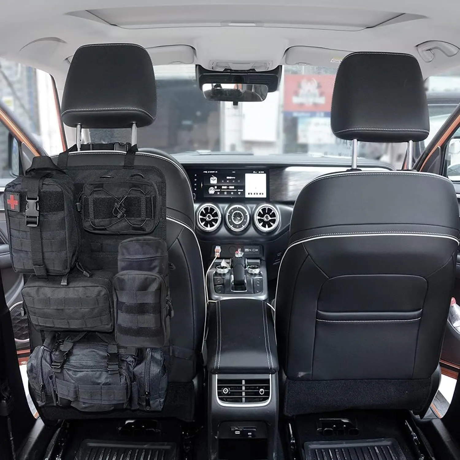 Tactical Car Seat Organizer Backseat - Car Back Seat Organizer Molle Panel with 5 Detachable Molle Pouches (Black)