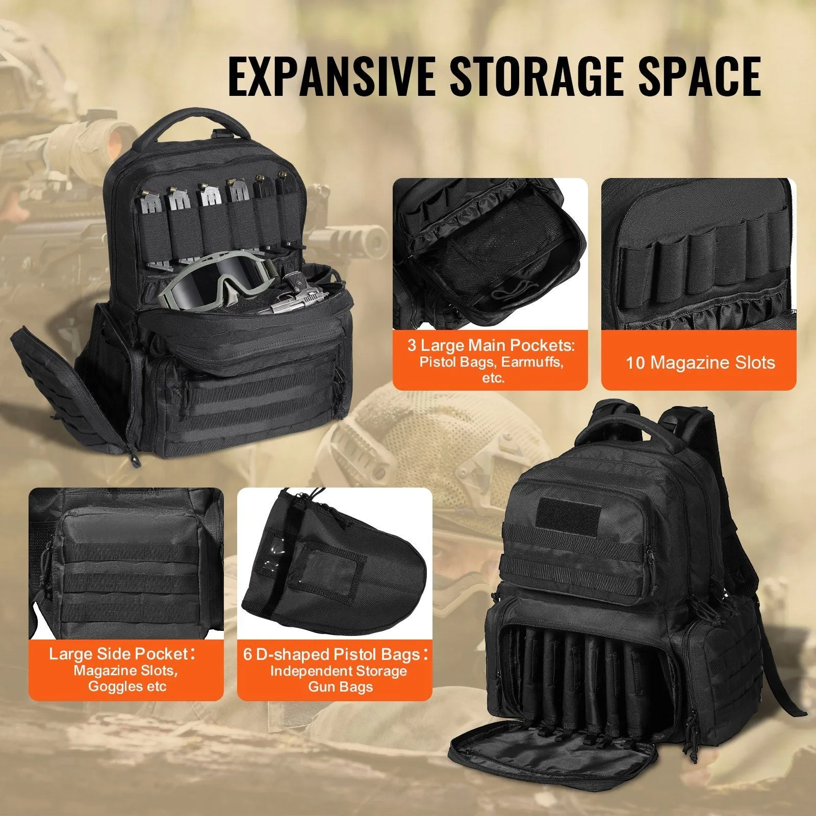 Tactical Range Backpack - 6 Pistol Backpack - Black